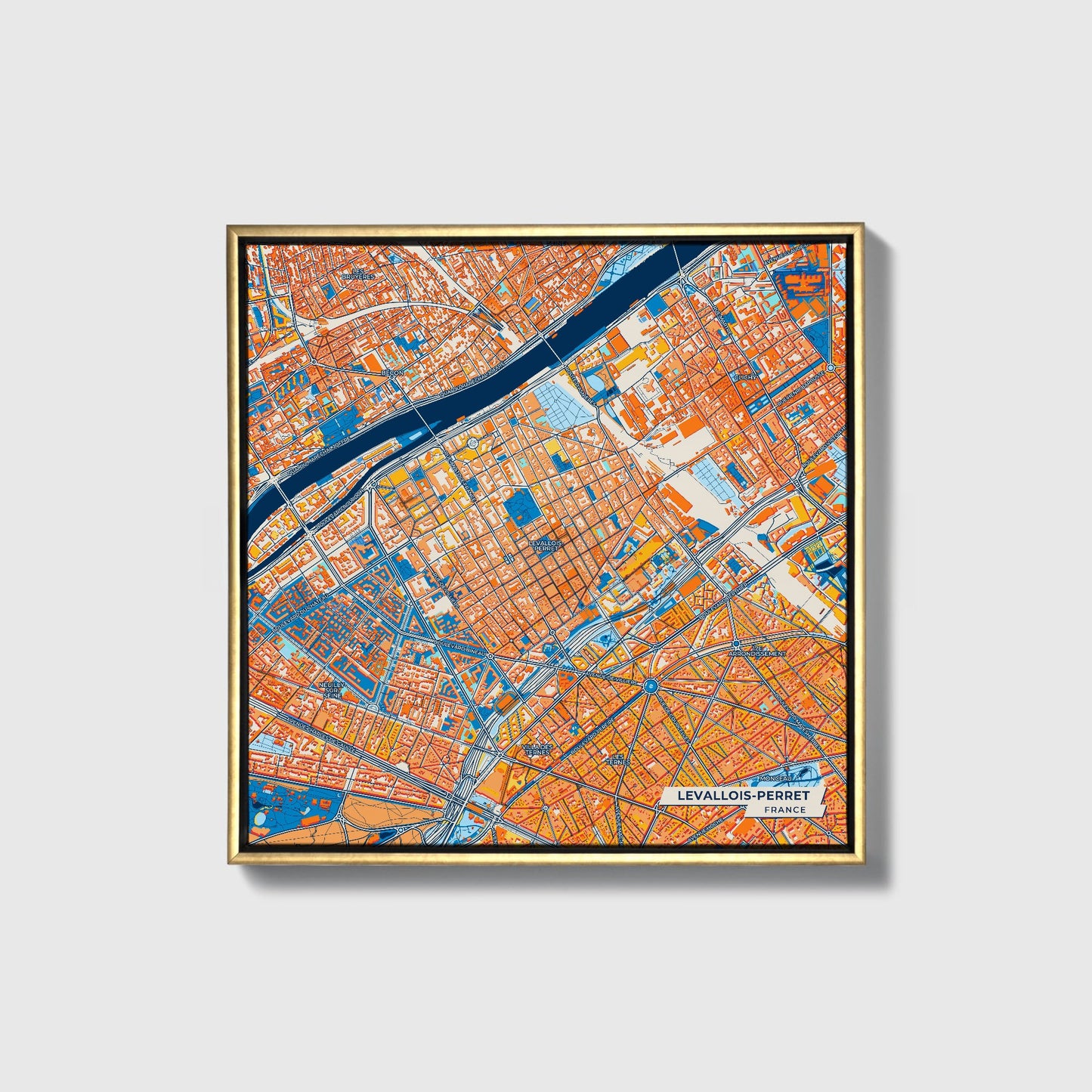 Levallois-Perret France Colorful City Map Canvas Print • Gold Framed