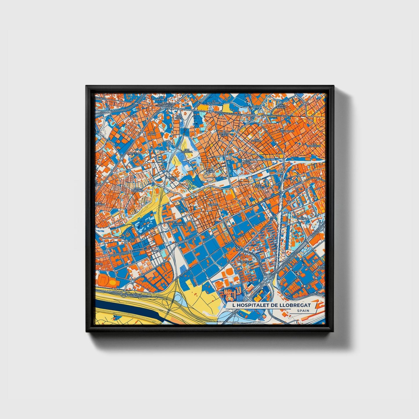 L Hospitalet De Llobregat Spain Colorful City Map Canvas Print • Black Framed