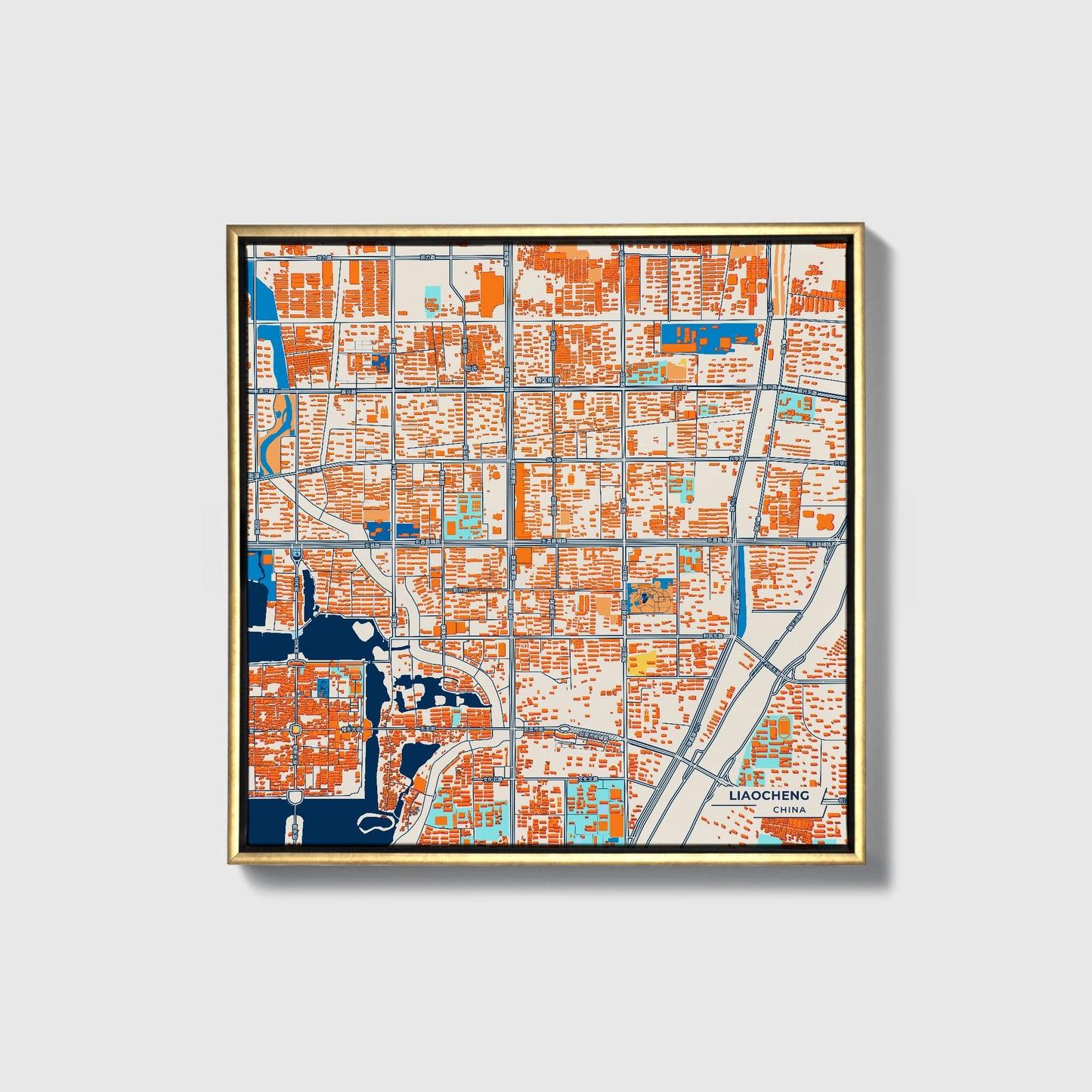 Liaocheng China Colorful City Map Canvas Print • Gold Framed