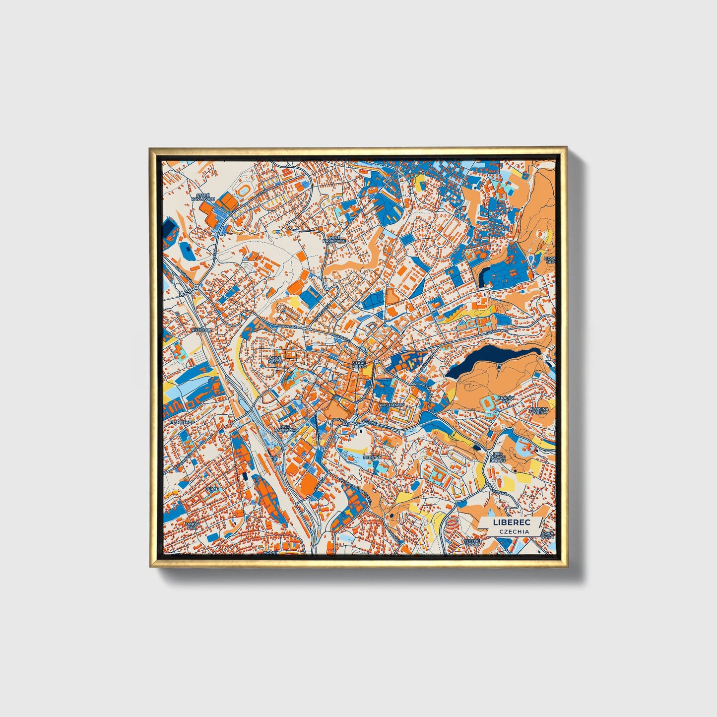 Liberec Czechia Colorful City Map Canvas Print • Gold Framed