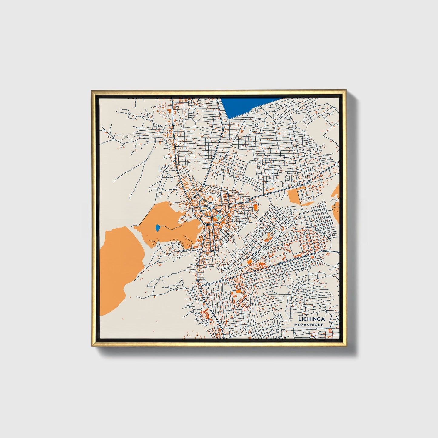 Lichinga Mozambique Colorful City Map Canvas Print • Gold Framed
