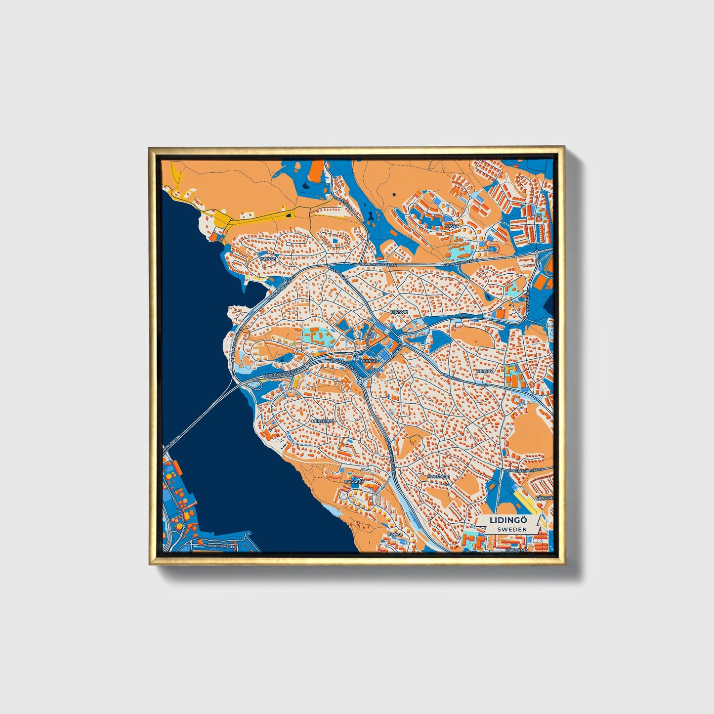 Lidingö Sweden Colorful City Map Canvas Print • Gold Framed