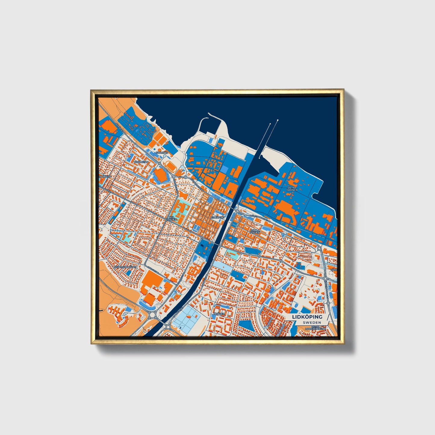 Lidköping Sweden Colorful City Map Canvas Print • Gold Framed