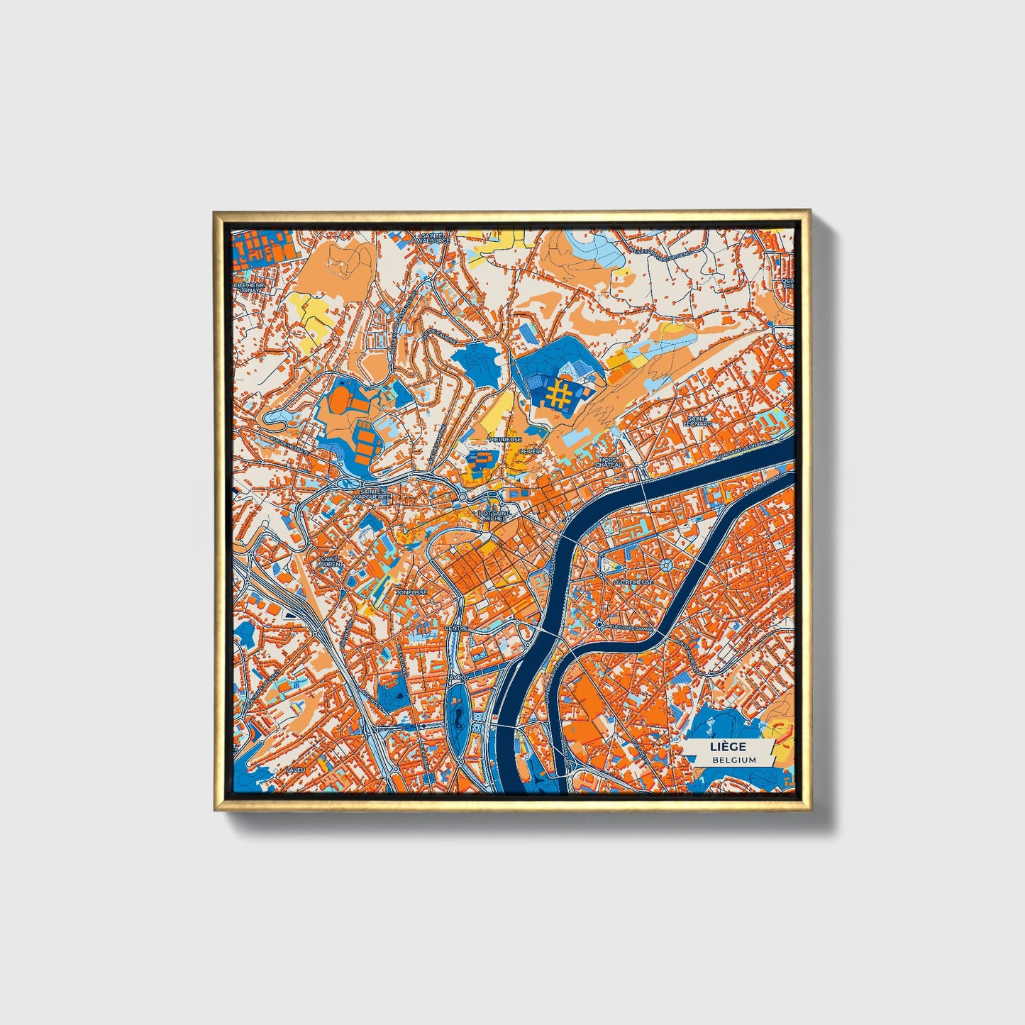 Liège Belgium Colorful City Map Canvas Print • Gold Framed