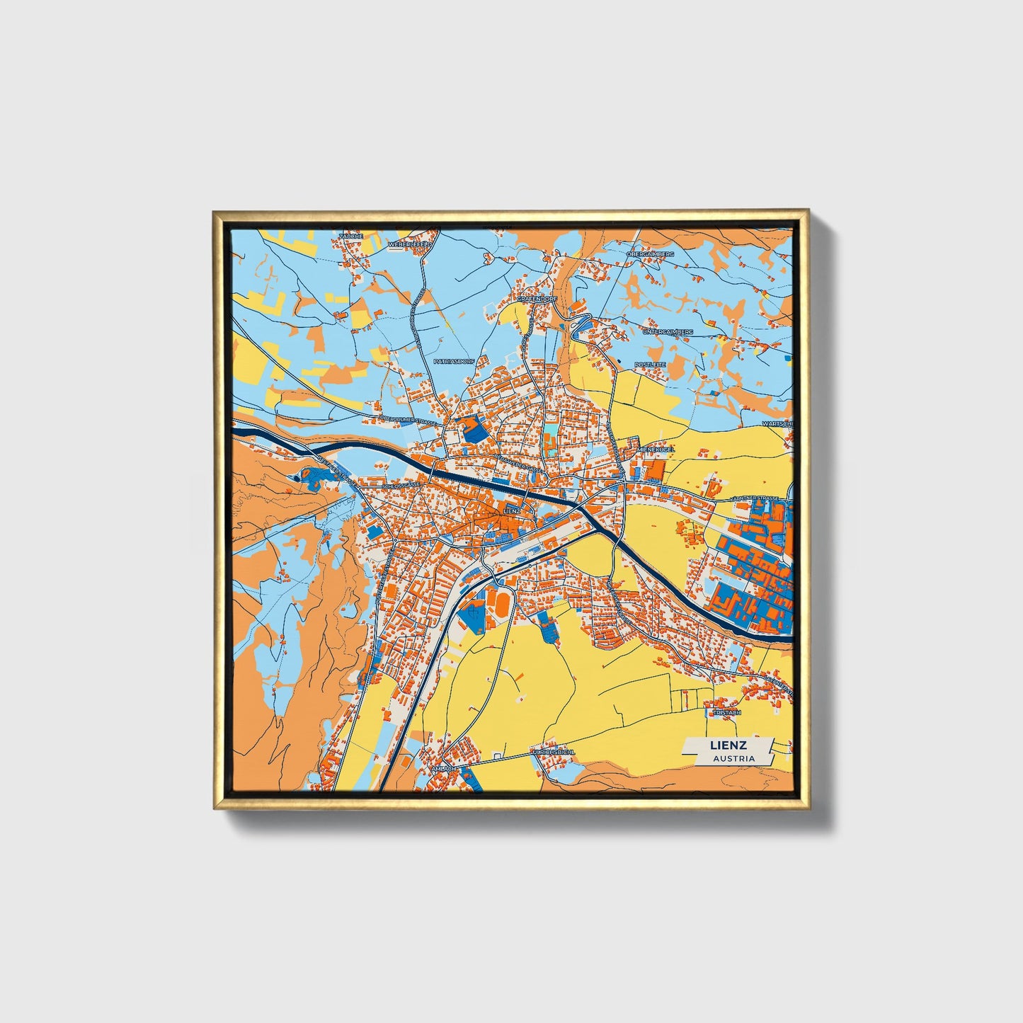 Lienz Austria Colorful City Map Canvas Print • Gold Framed
