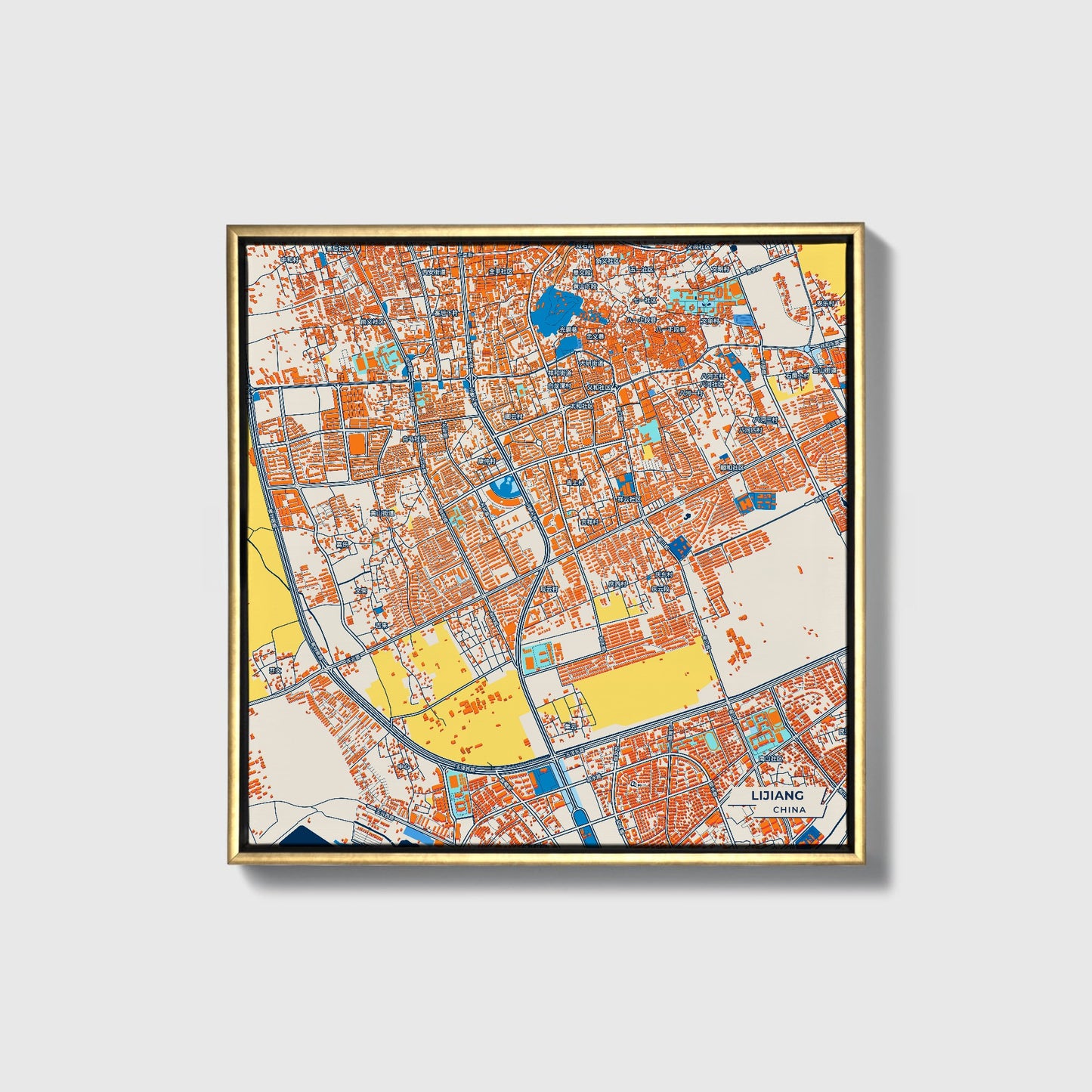 Lijiang China Colorful City Map Canvas Print • Gold Framed