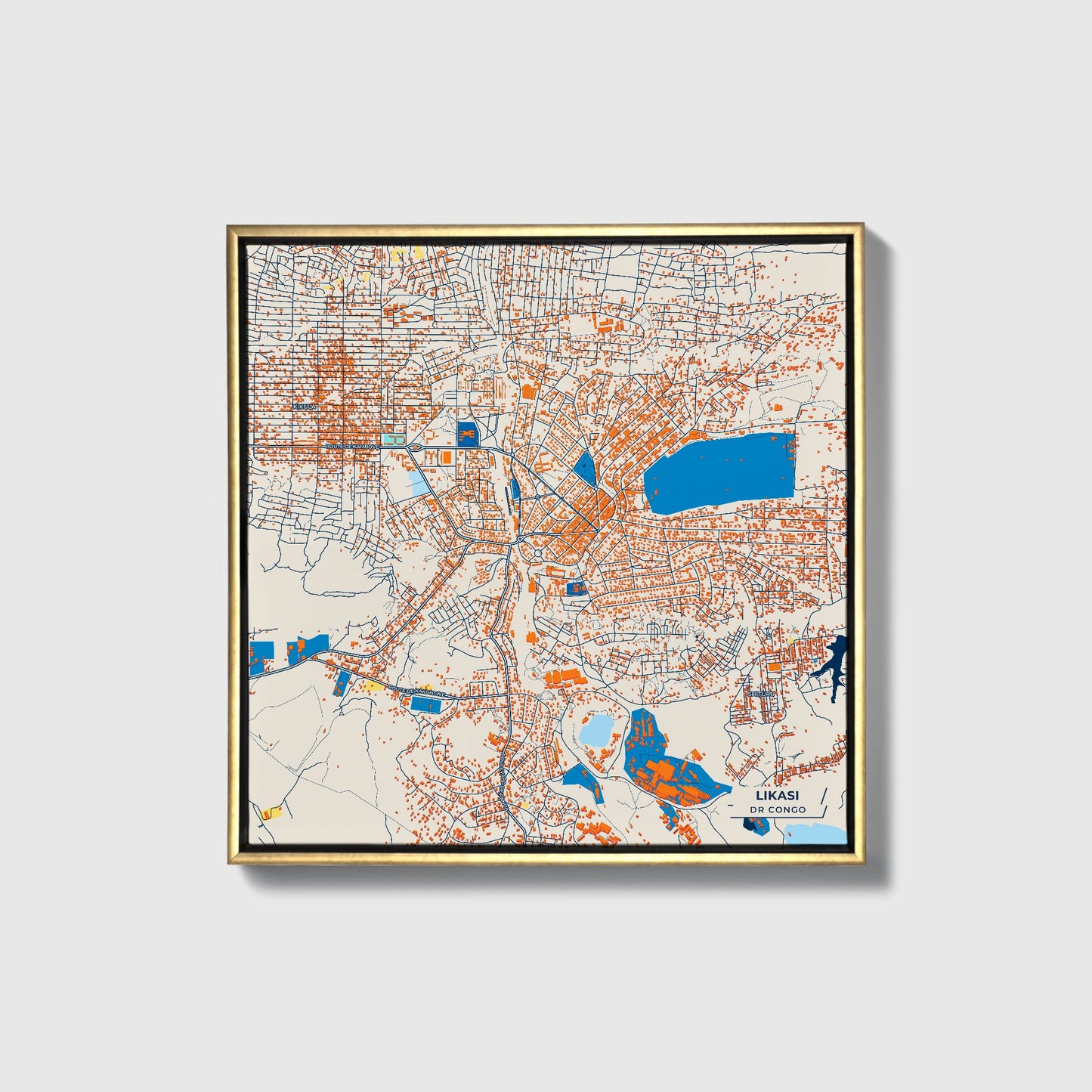 Likasi Dr Congo Colorful City Map Canvas Print • Gold Framed