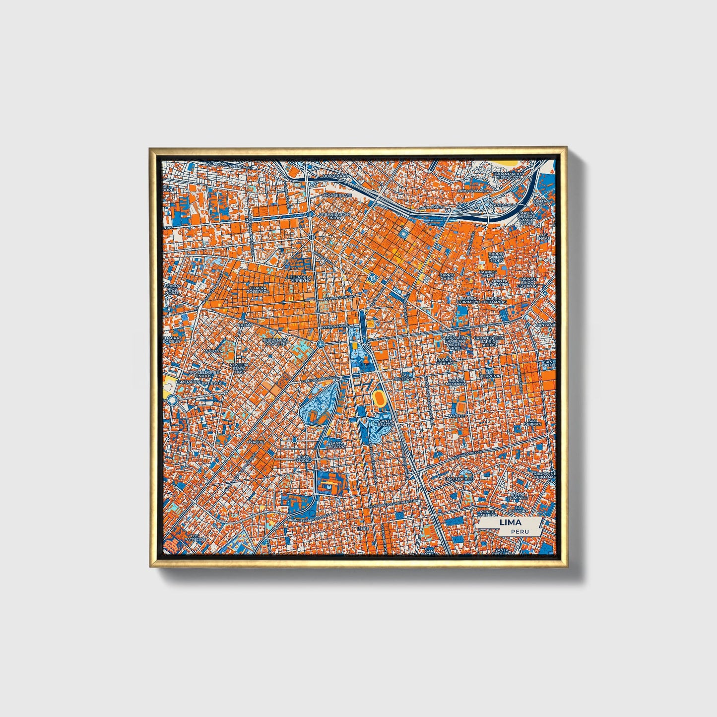 Lima Peru Colorful City Map Canvas Print • Gold Framed