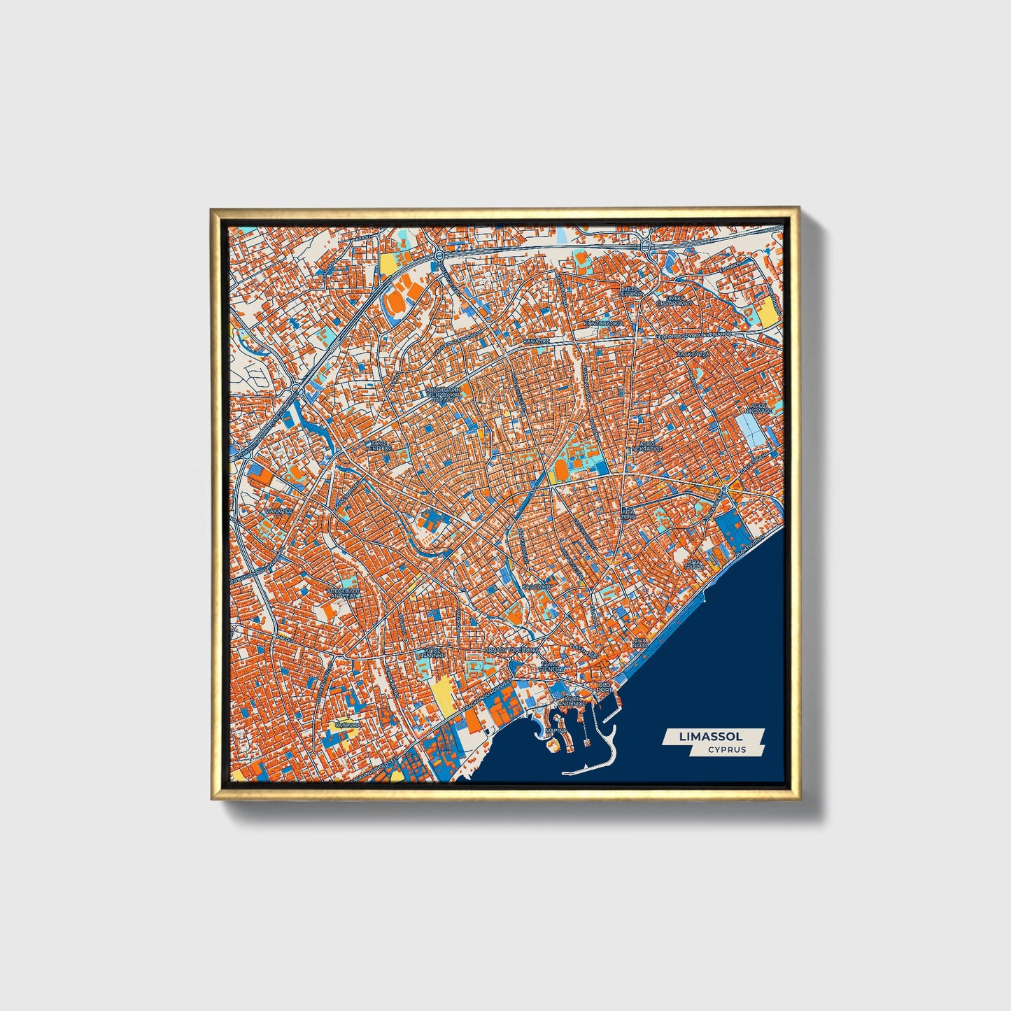 Limassol Cyprus Colorful City Map Canvas Print • Gold Framed