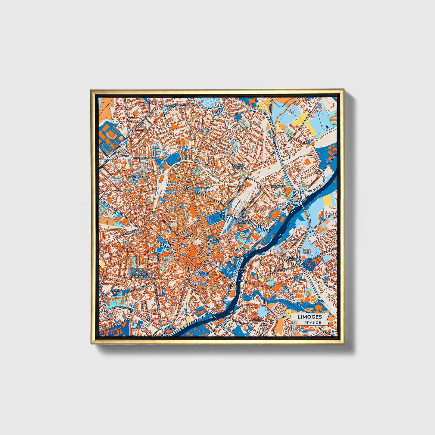 Limoges France Colorful City Map Canvas Print • Gold Framed
