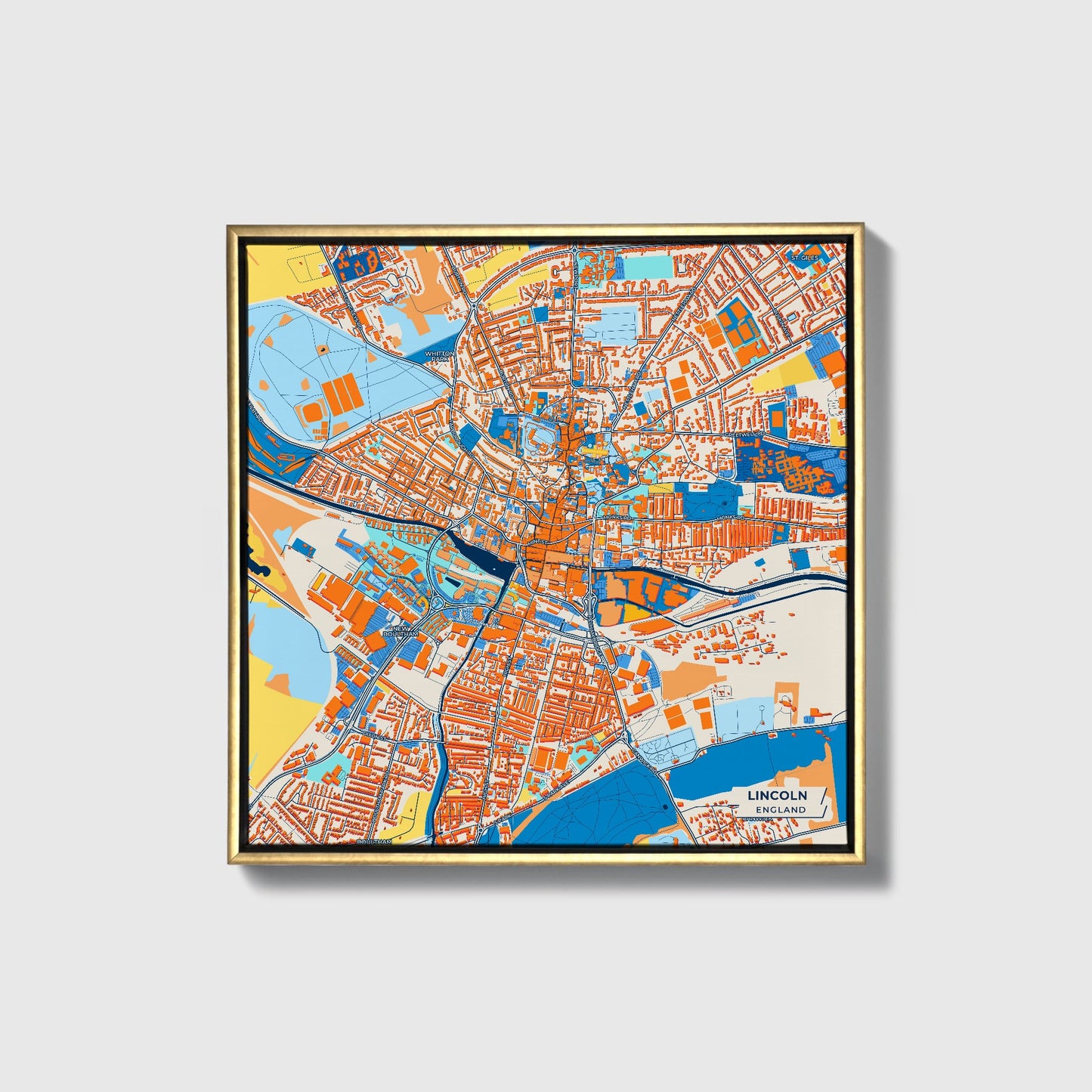 Lincoln England Colorful City Map Canvas Print • Gold Framed