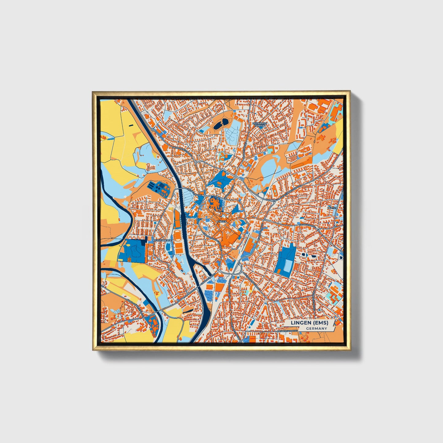 Lingen (Ems) Germany Colorful City Map Canvas Print • Gold Framed