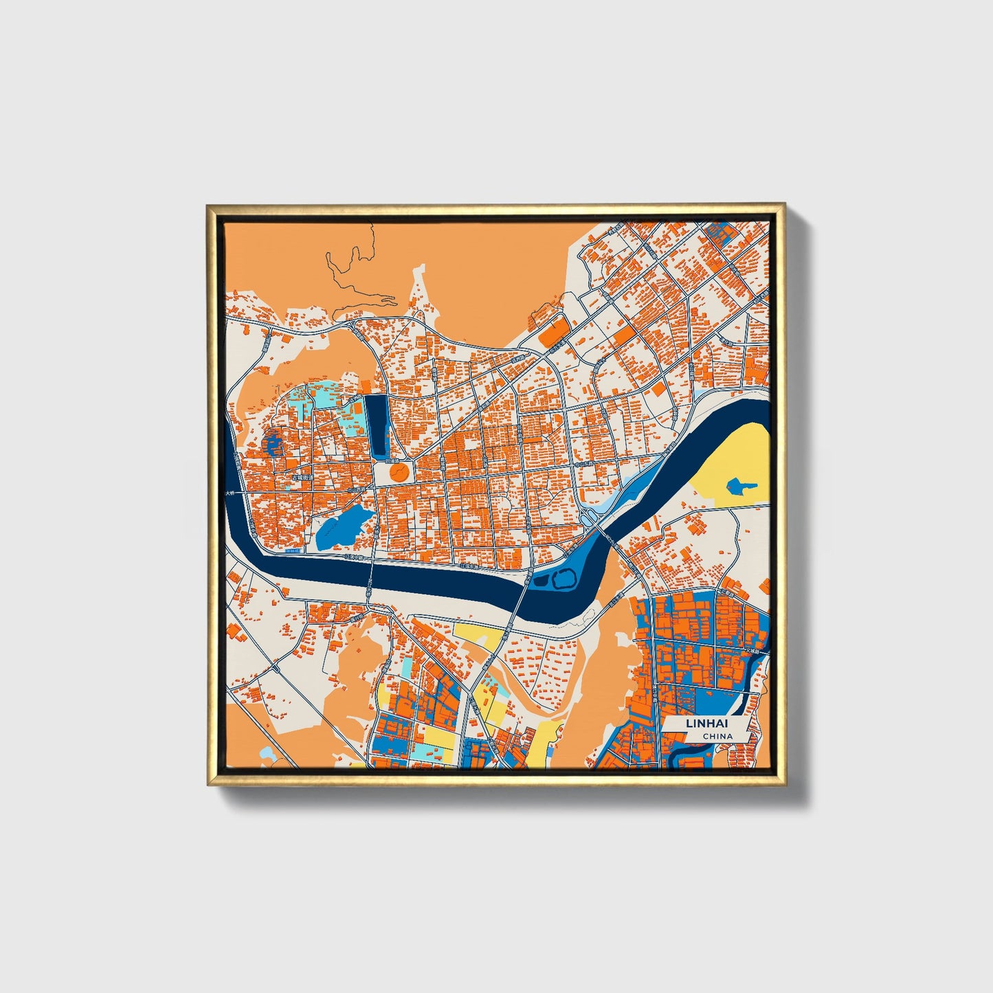 Linhai China Colorful City Map Canvas Print • Gold Framed