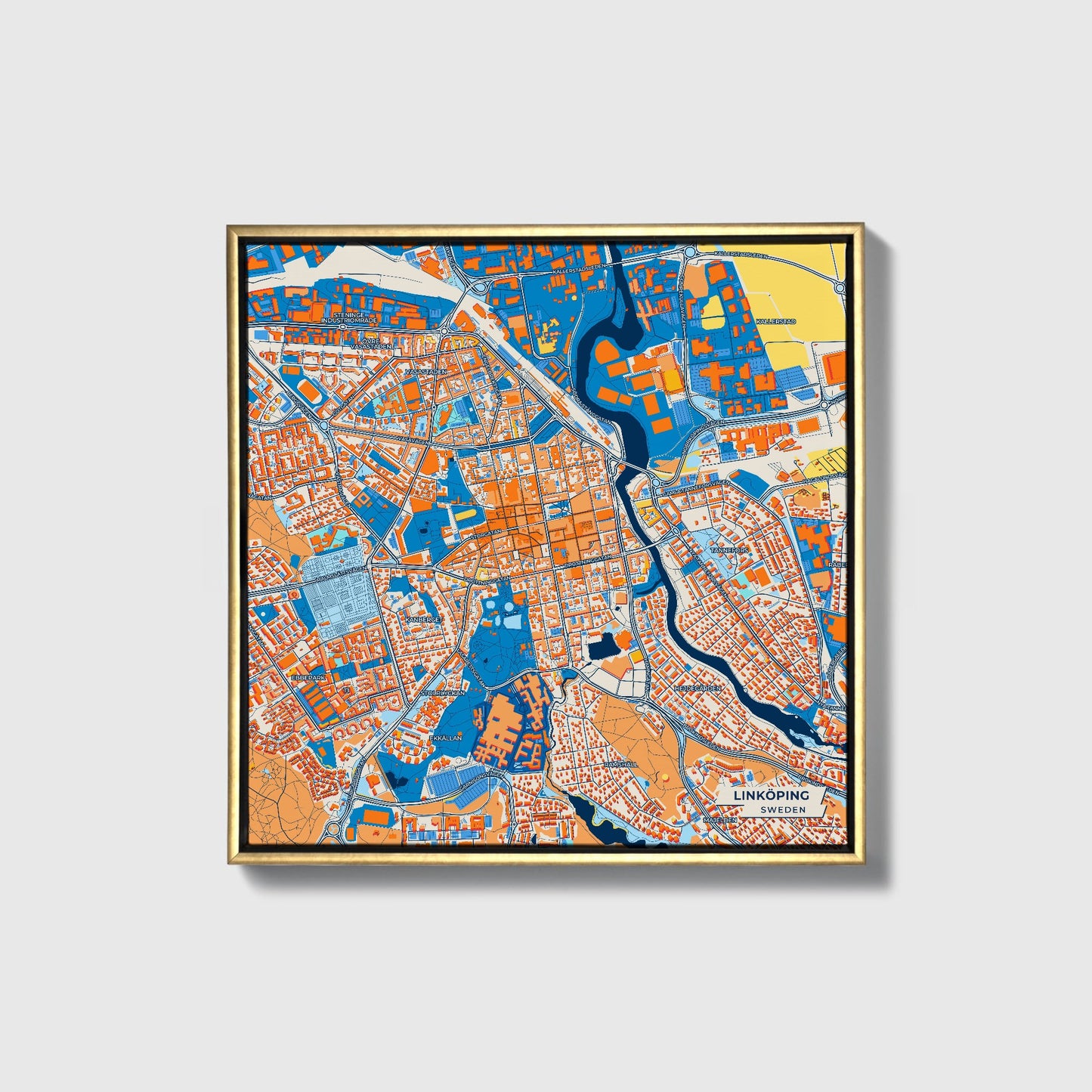 Linköping Sweden Colorful City Map Canvas Print • Gold Framed