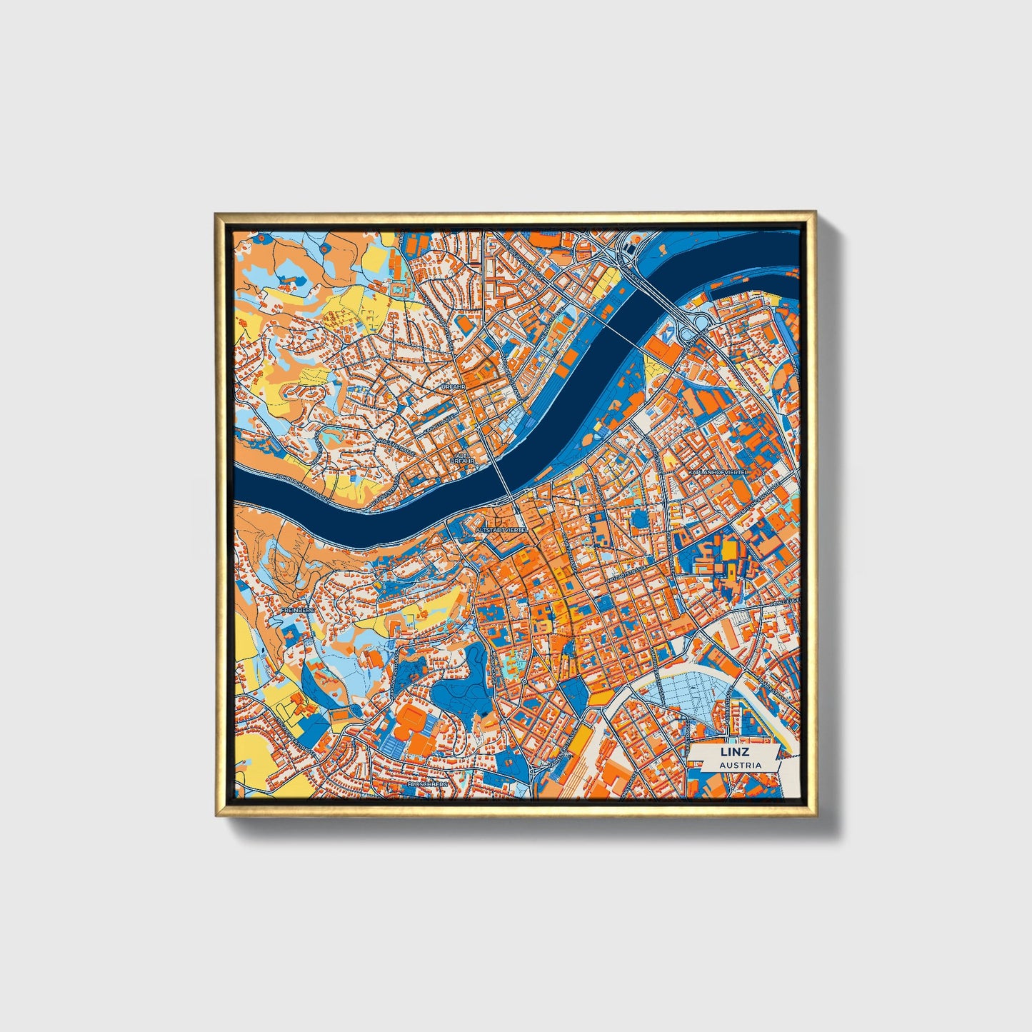 Linz Austria Colorful City Map Canvas Print • Gold Framed