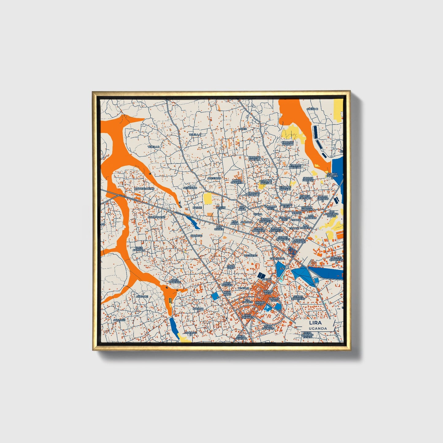 Lira Uganda Colorful City Map Canvas Print • Gold Framed