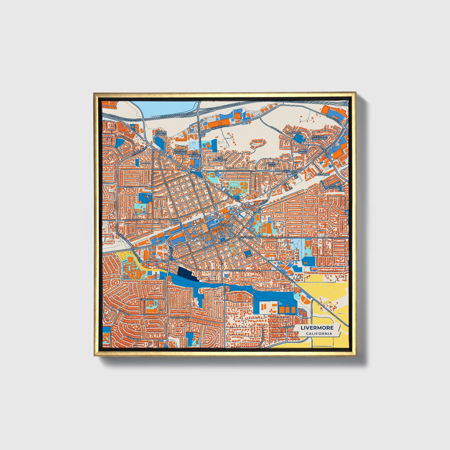 Livermore California Colorful City Map Canvas Print • Gold Framed