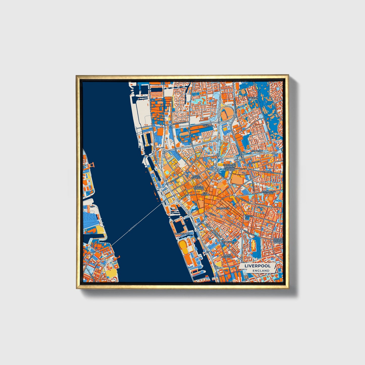 Liverpool England Colorful City Map Canvas Print • Gold Framed