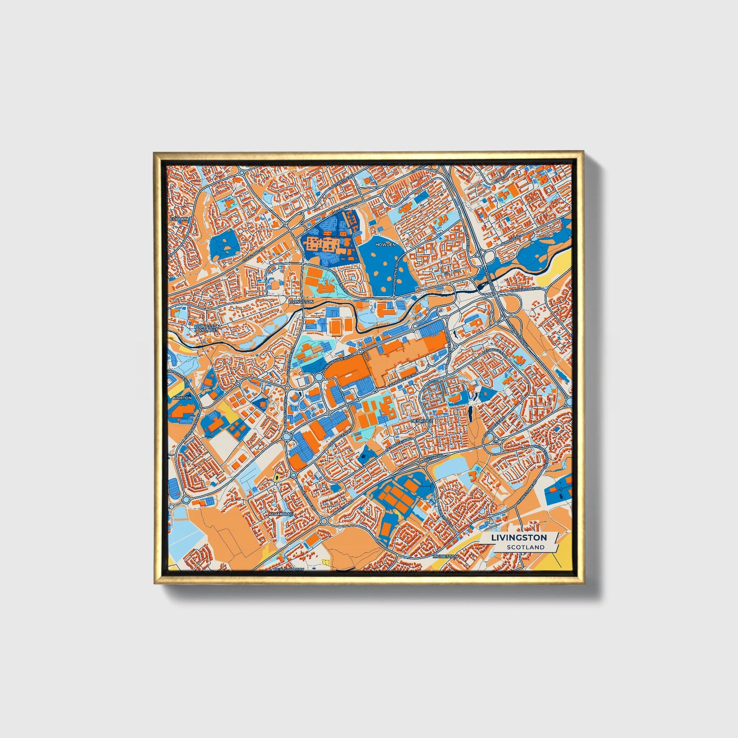 Livingston Scotland Colorful City Map Canvas Print • Gold Framed