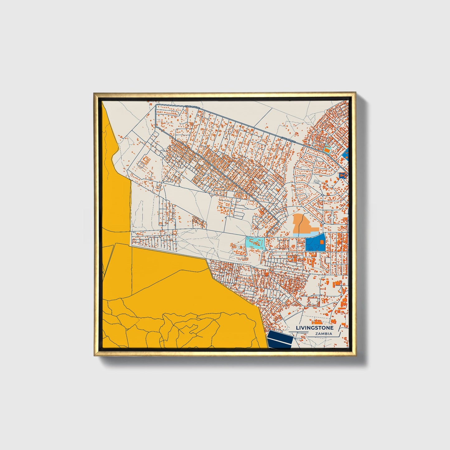 Livingstone Zambia Colorful City Map Canvas Print • Gold Framed