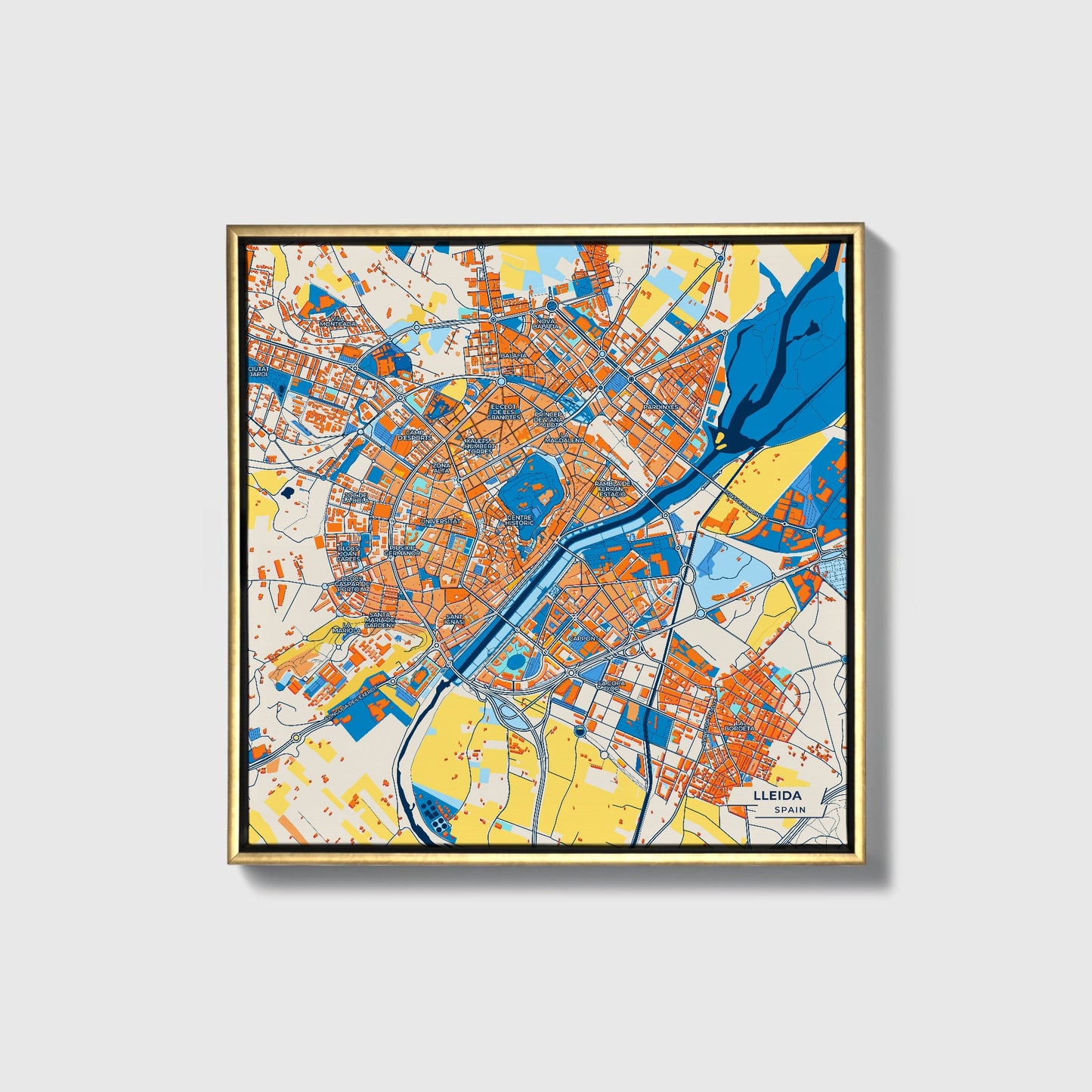 Lleida Spain Colorful City Map Canvas Print • Gold Framed