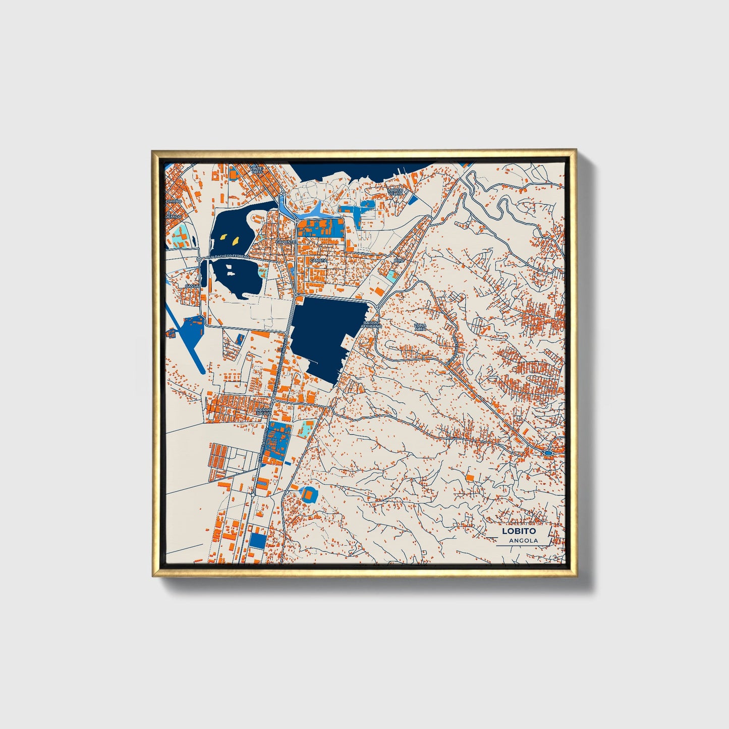 Lobito Angola Colorful City Map Canvas Print • Gold Framed