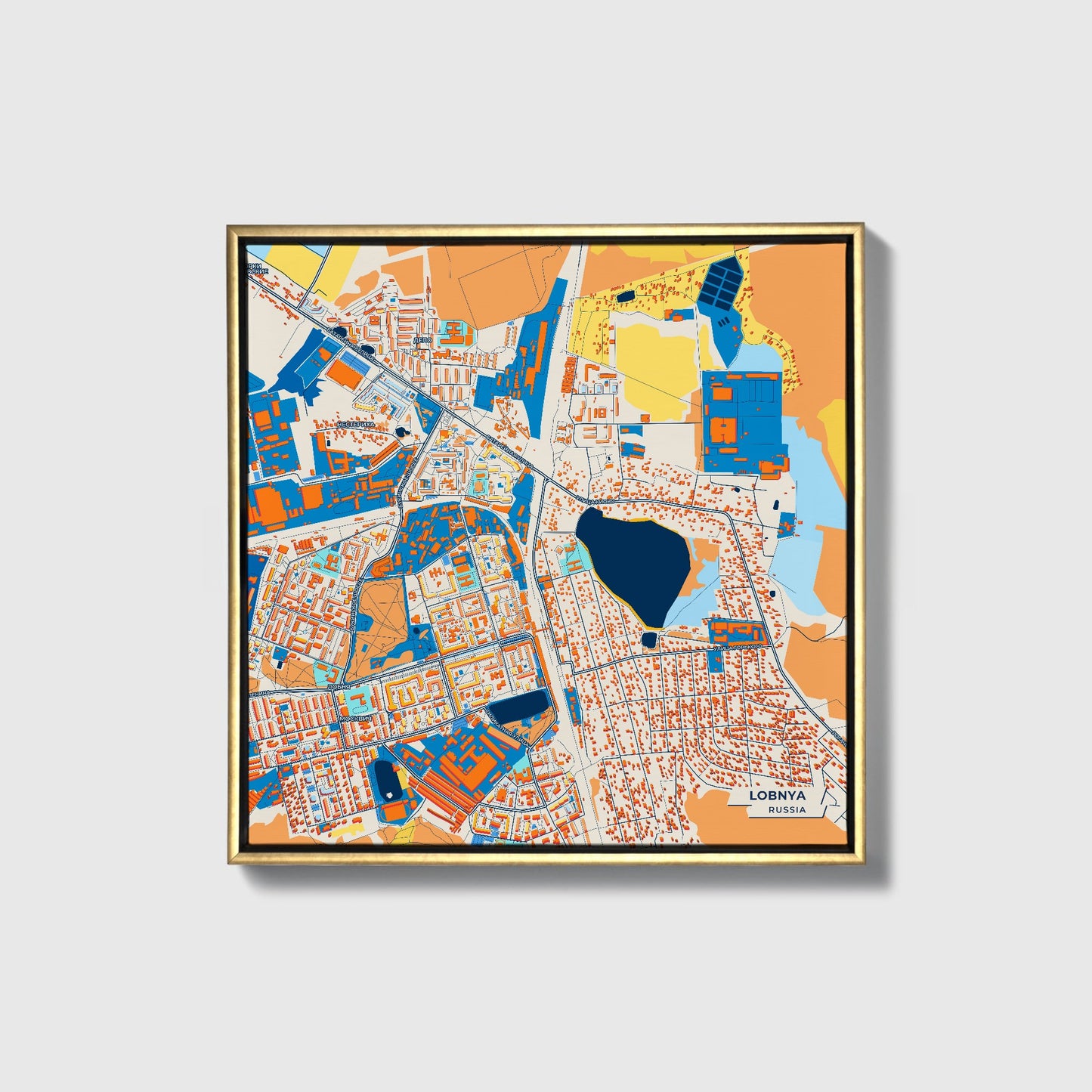 Лобня Russia Colorful City Map Canvas Print • Gold Framed