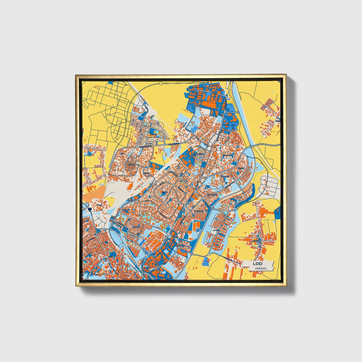 Lod Israel Colorful City Map Canvas Print • Gold Framed