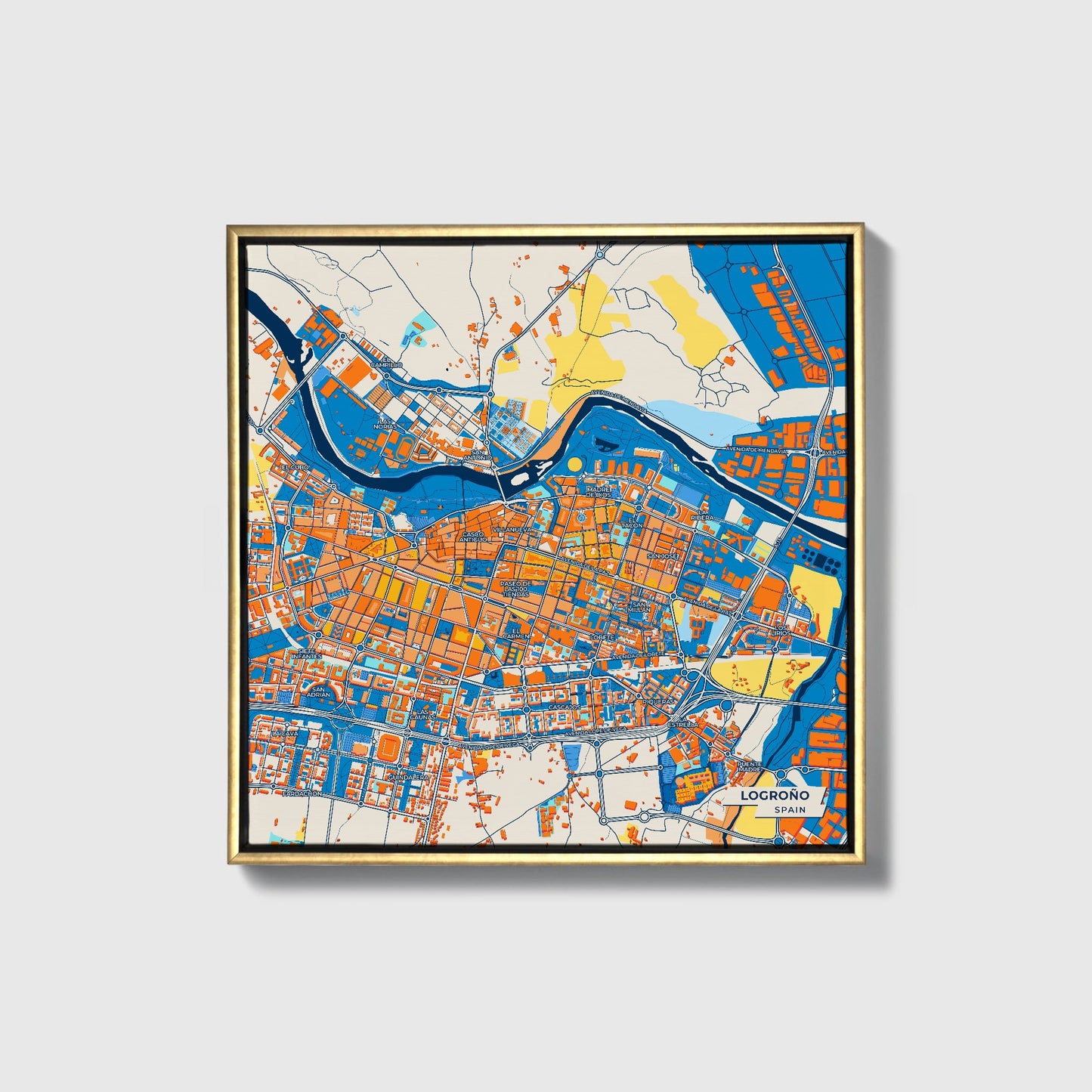 Logroño Spain Colorful City Map Canvas Print • Gold Framed