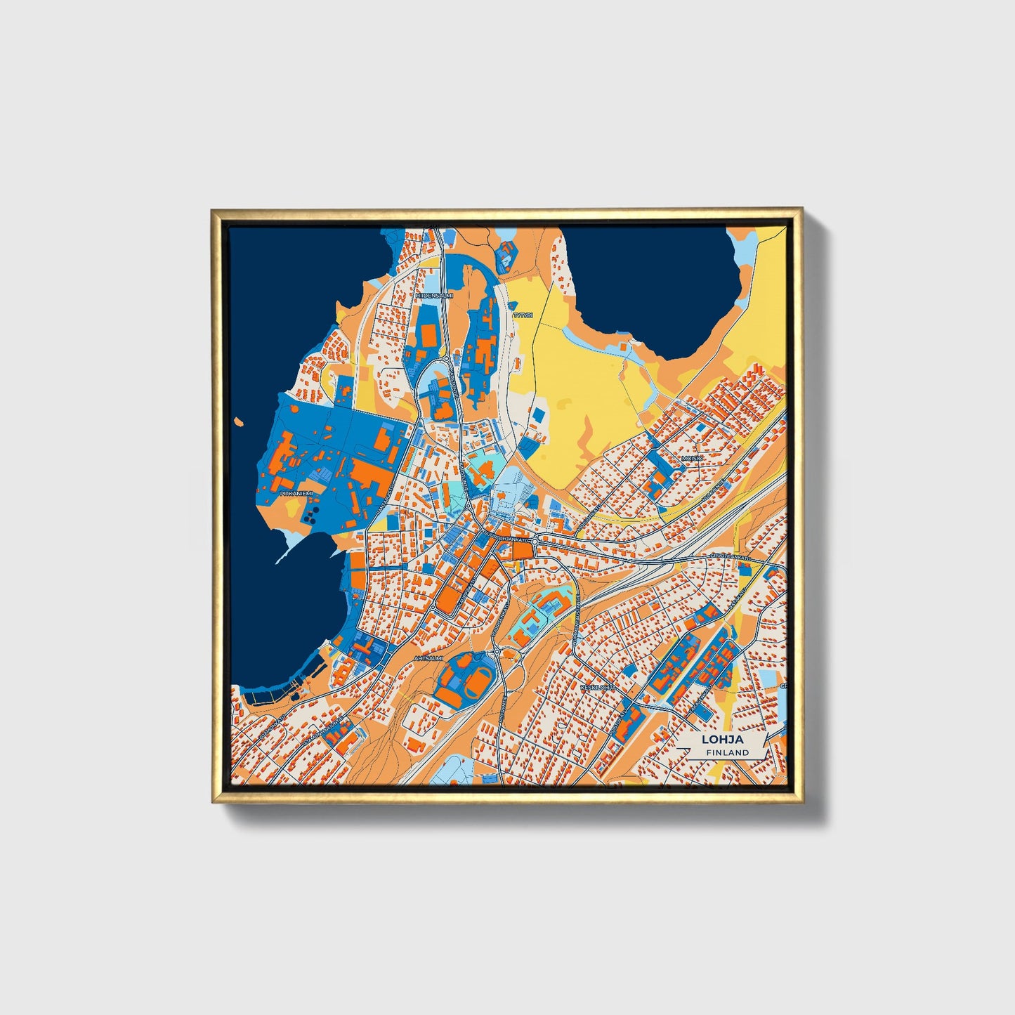 Lohja Finland Colorful City Map Canvas Print • Gold Framed