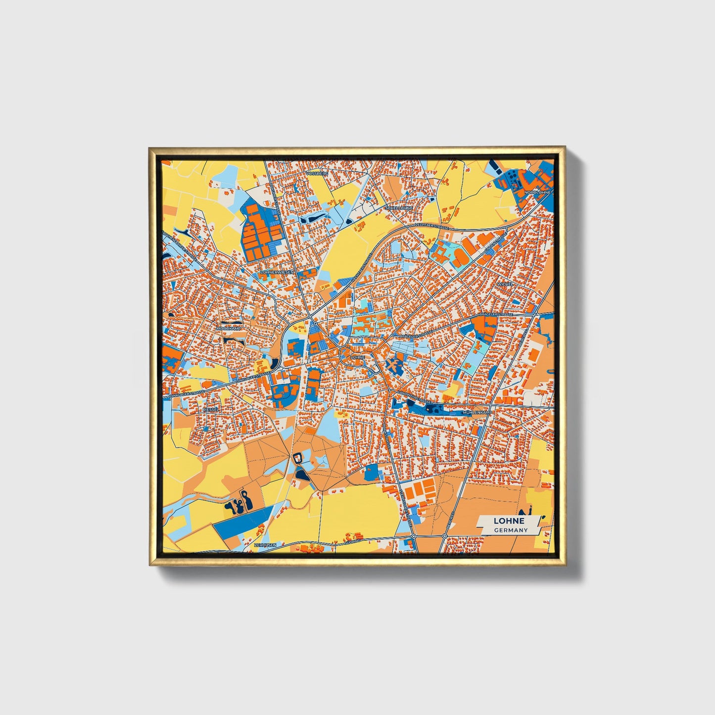 Löhne Germany Colorful City Map Canvas Print • Gold Framed