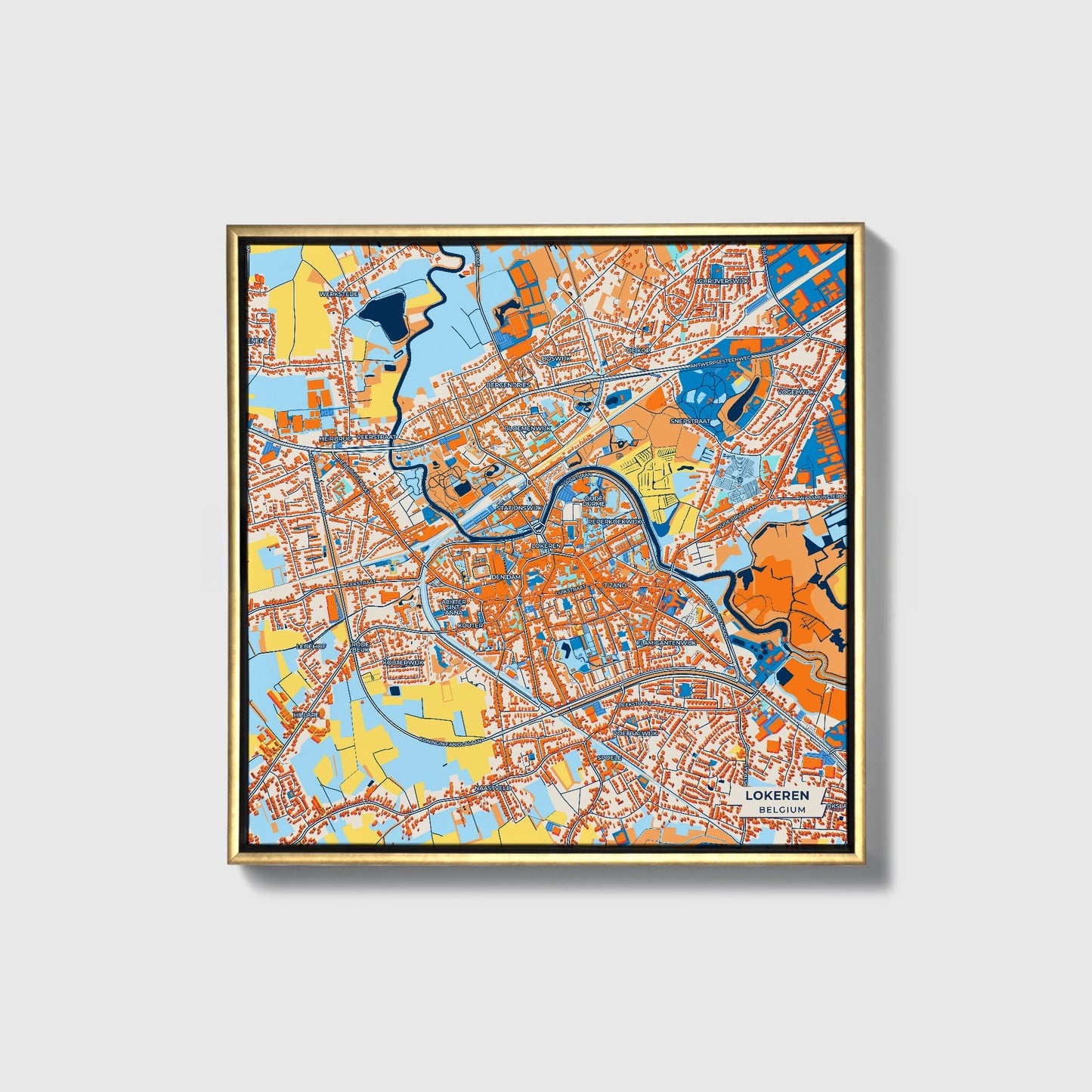 Lokeren Belgium Colorful City Map Canvas Print • Gold Framed