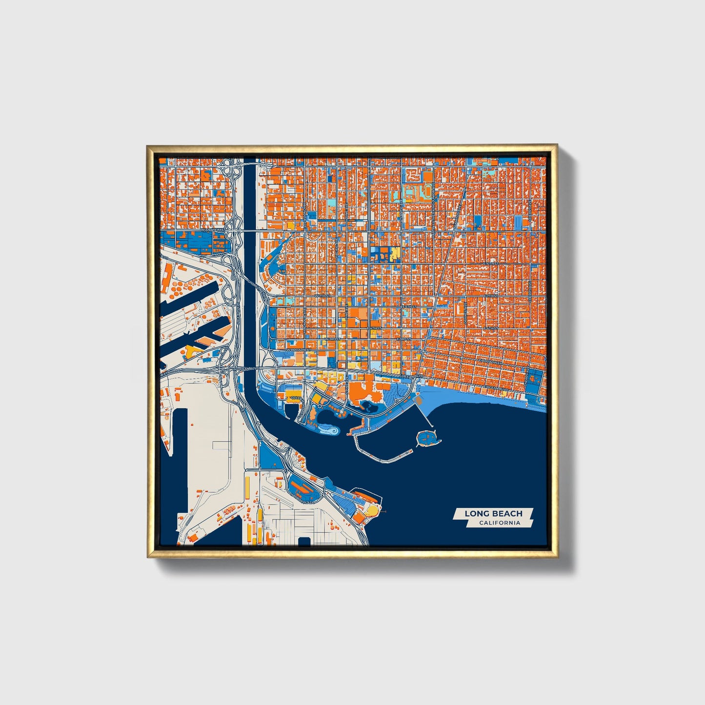 Long Beach California Colorful City Map Canvas Print • Gold Framed