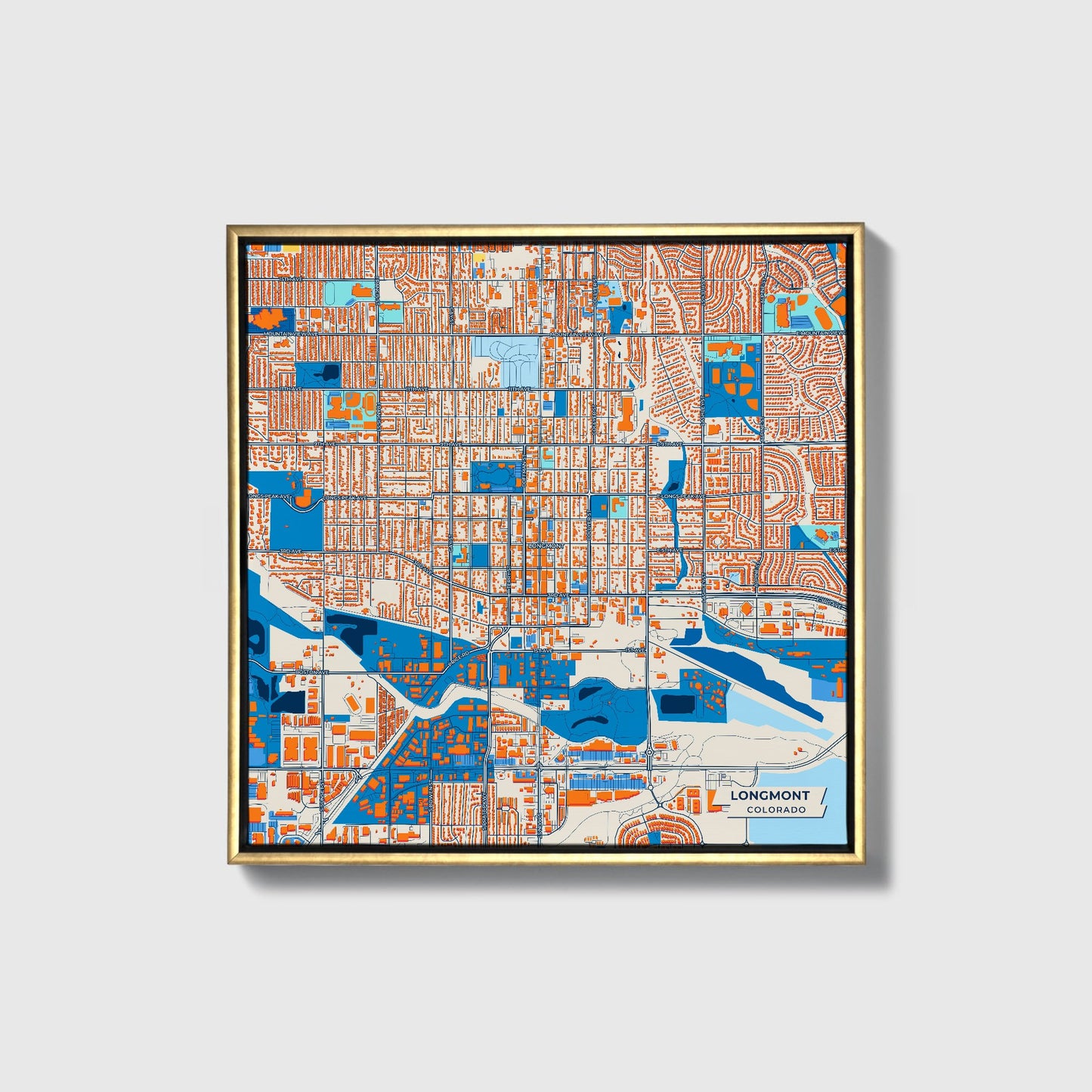 Longmont Colorado Colorful City Map Canvas Print • Gold Framed