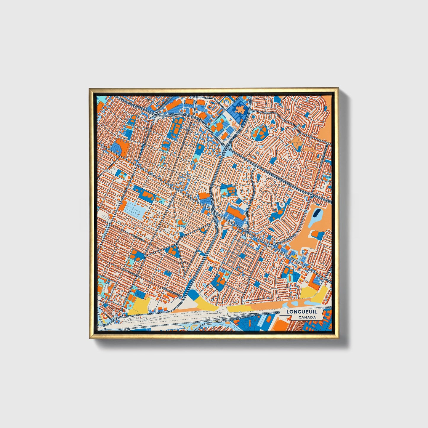 Longueuil Canada Colorful City Map Canvas Print • Gold Framed