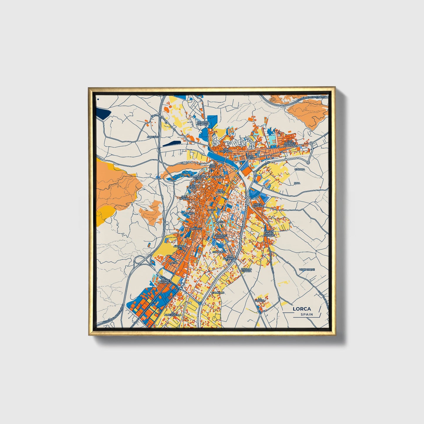 Lorca Spain Colorful City Map Canvas Print • Gold Framed