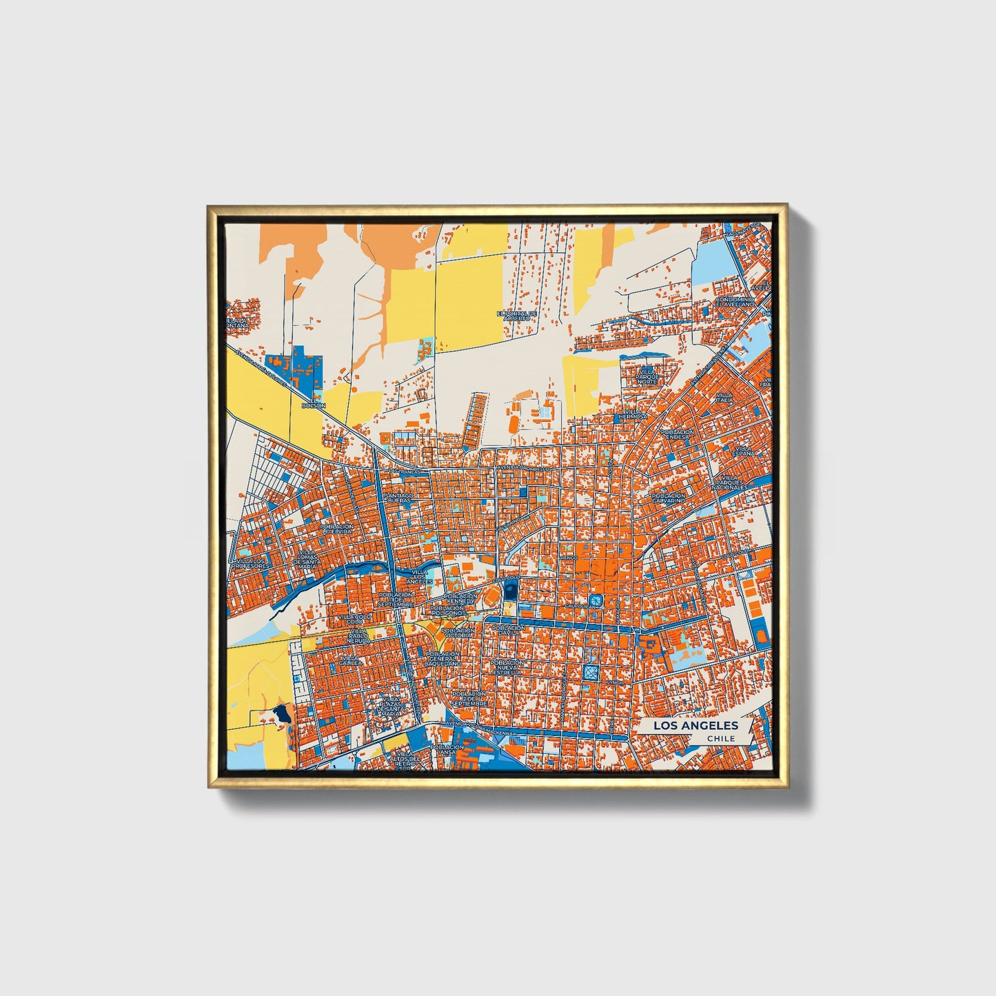 Los Angeles Chile Colorful City Map Canvas Print • Gold Framed