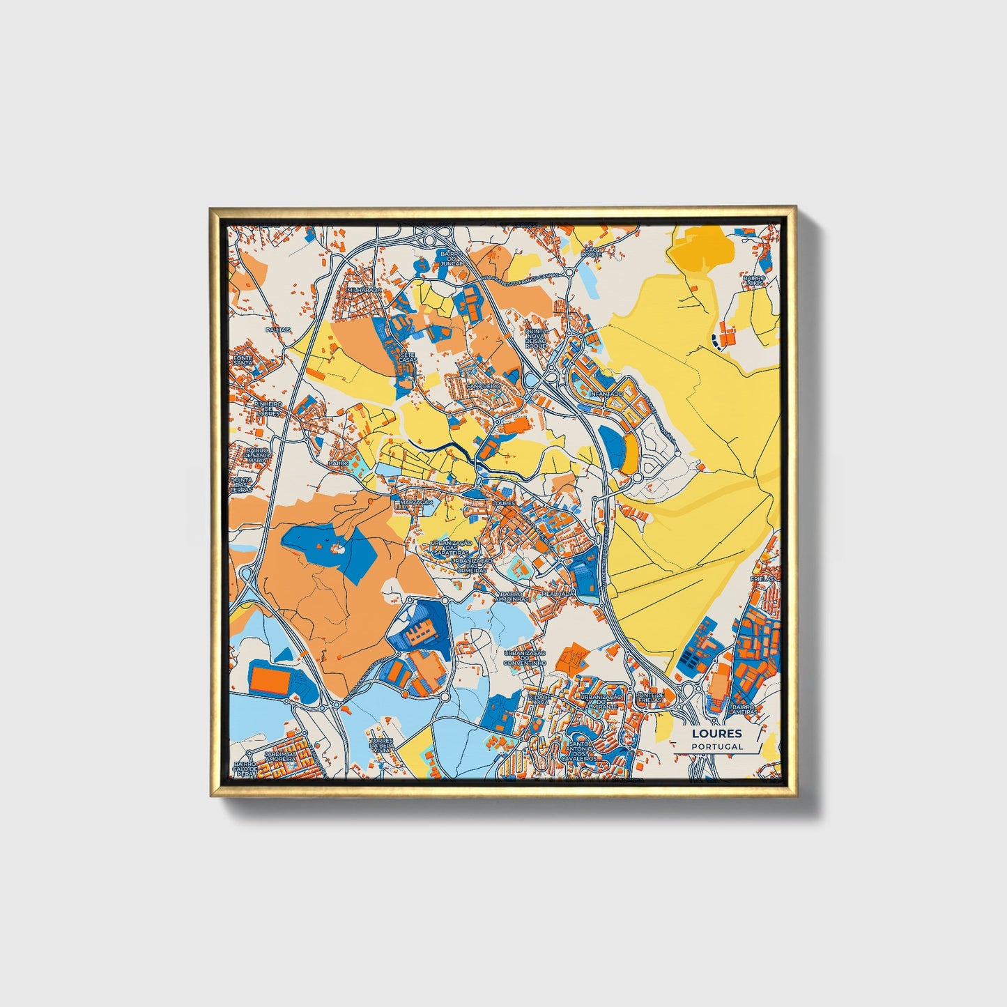 Loures Portugal Colorful City Map Canvas Print • Gold Framed