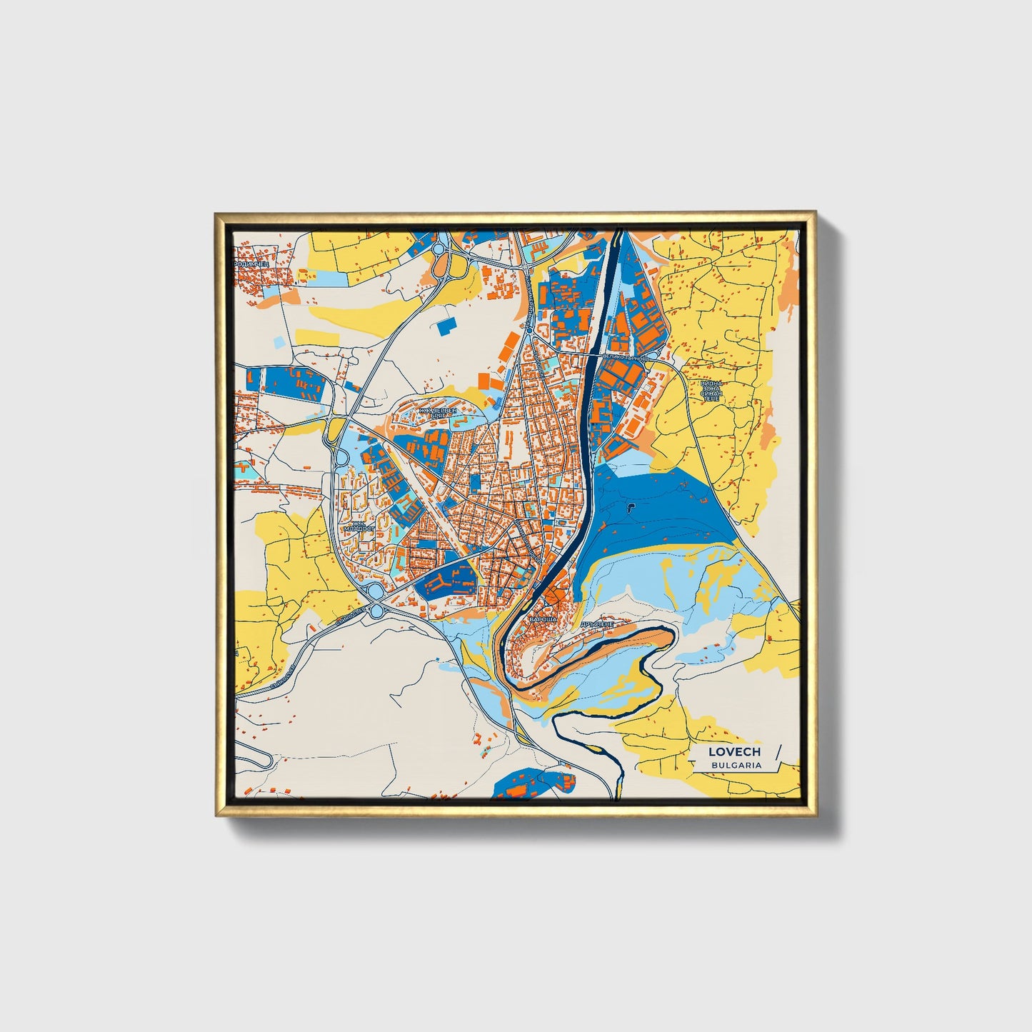 Ловеч Bulgaria Colorful City Map Canvas Print • Gold Framed