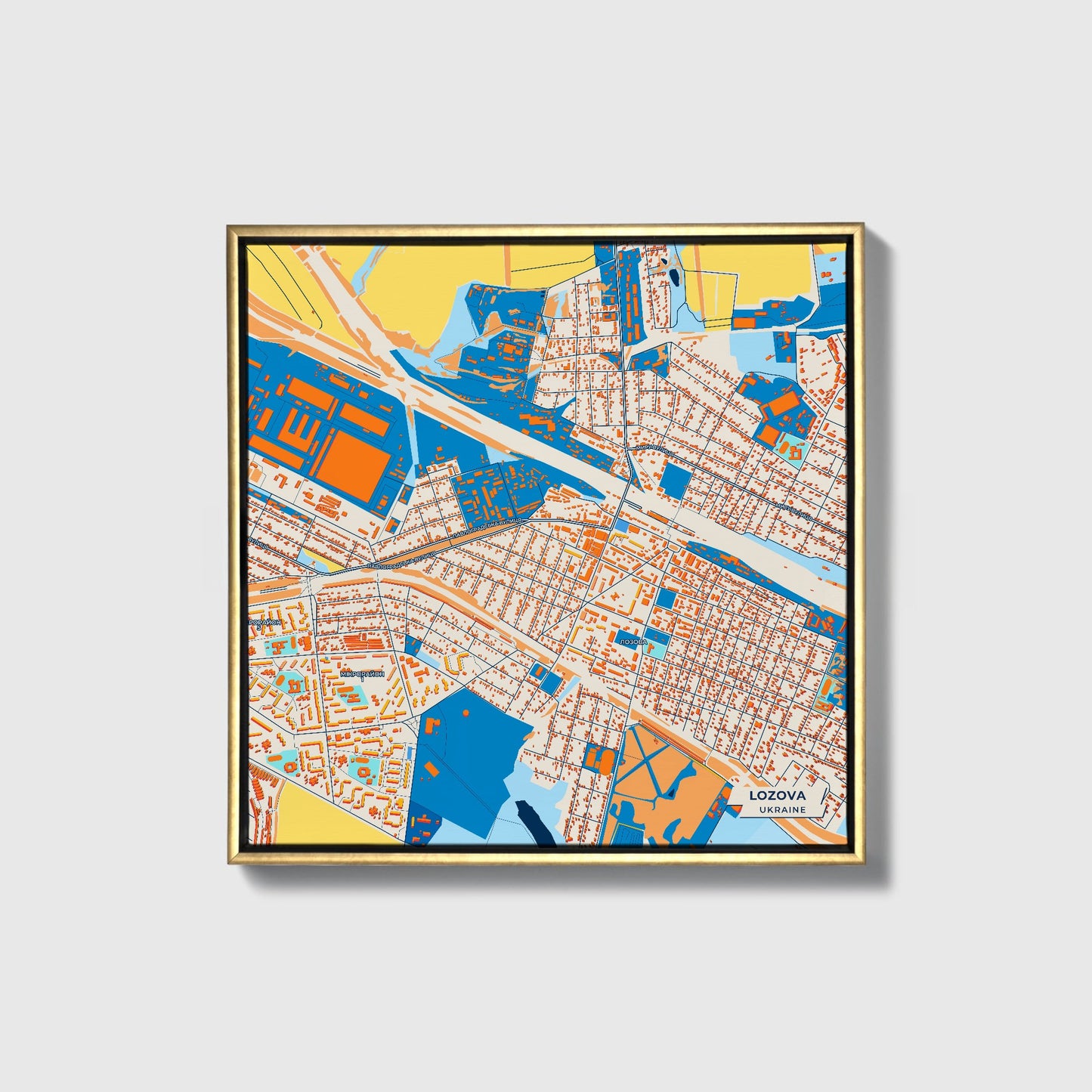 Лозова Ukraine Colorful City Map Canvas Print • Gold Framed