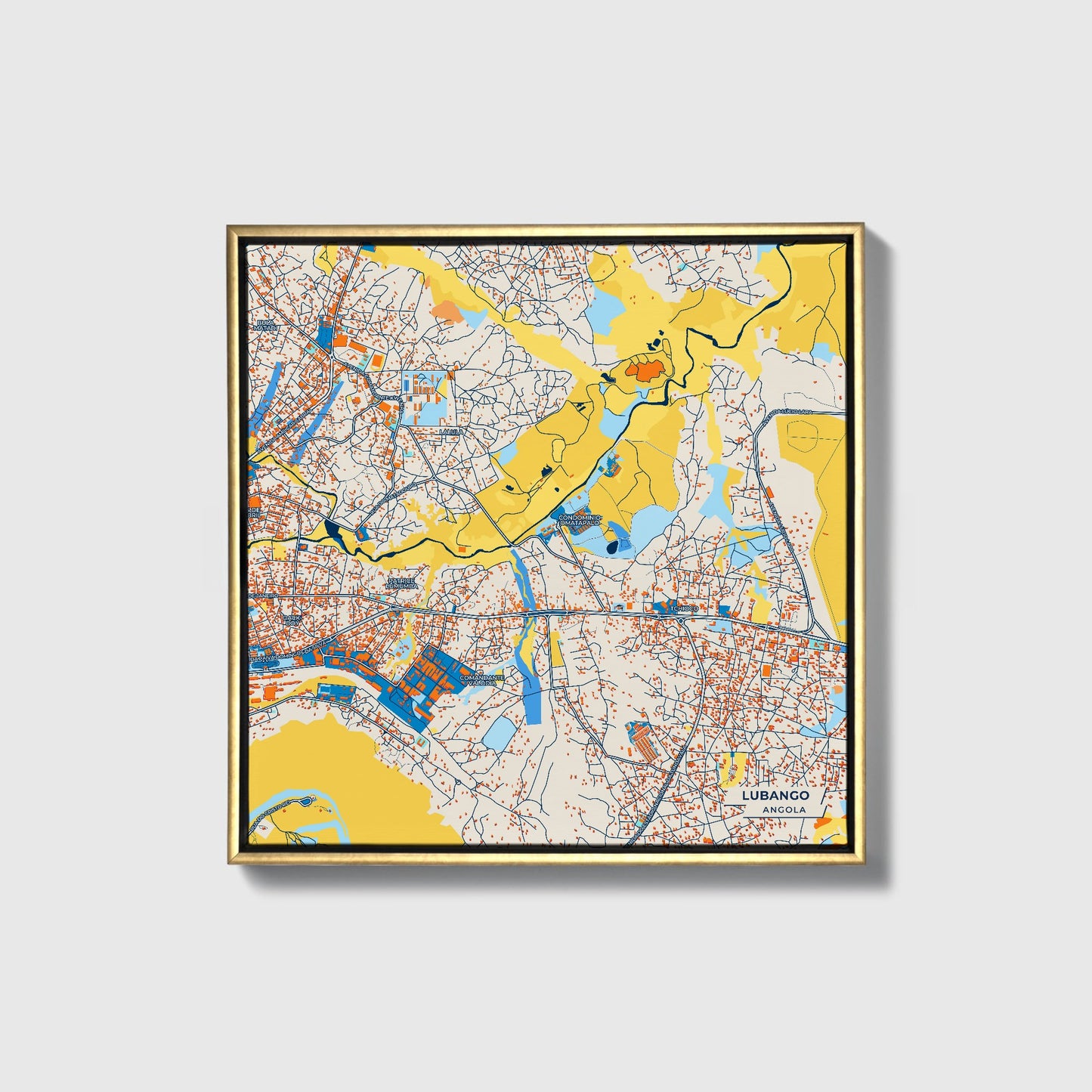 Lubango Angola Colorful City Map Canvas Print • Gold Framed