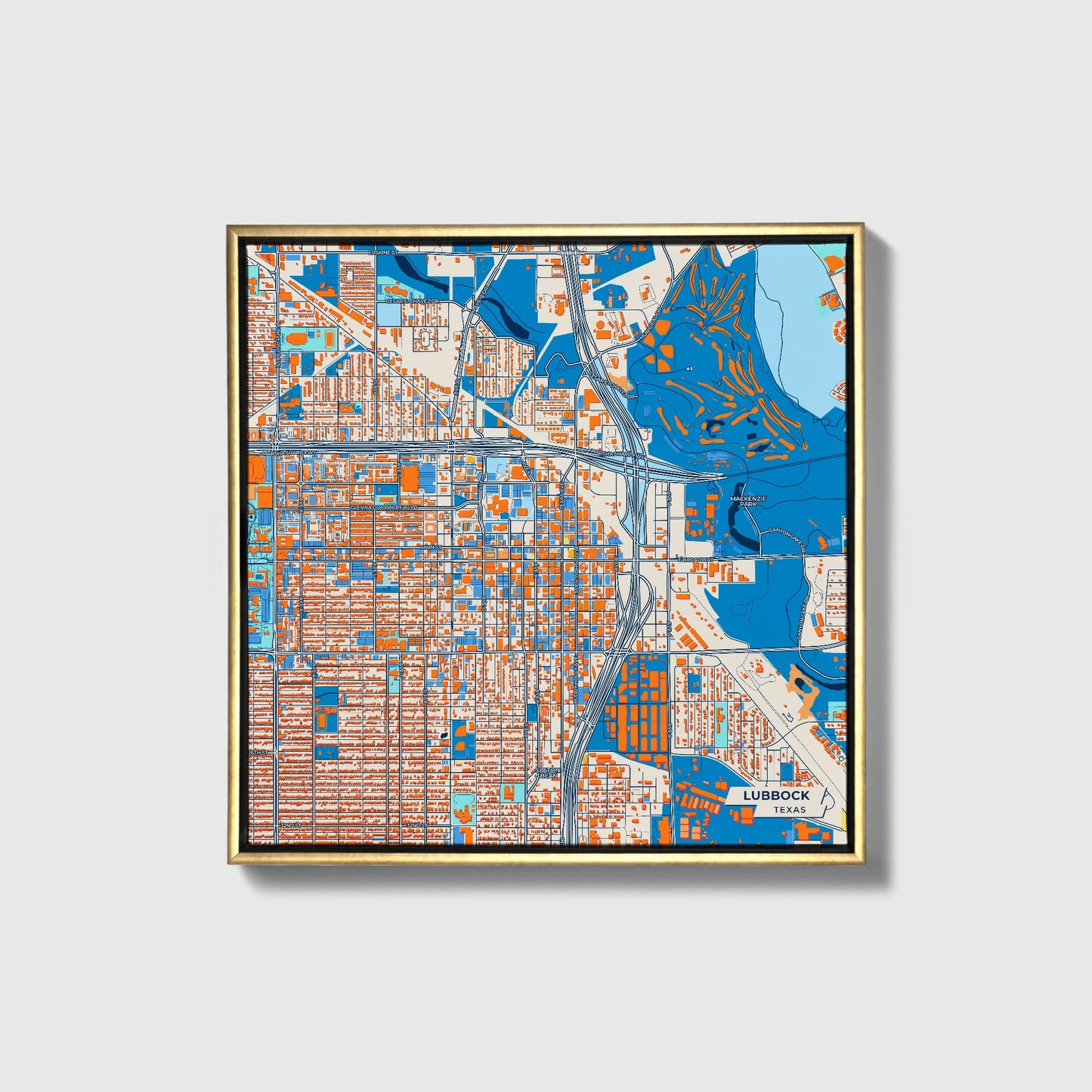 Lubbock Texas Colorful City Map Canvas Print • Gold Framed