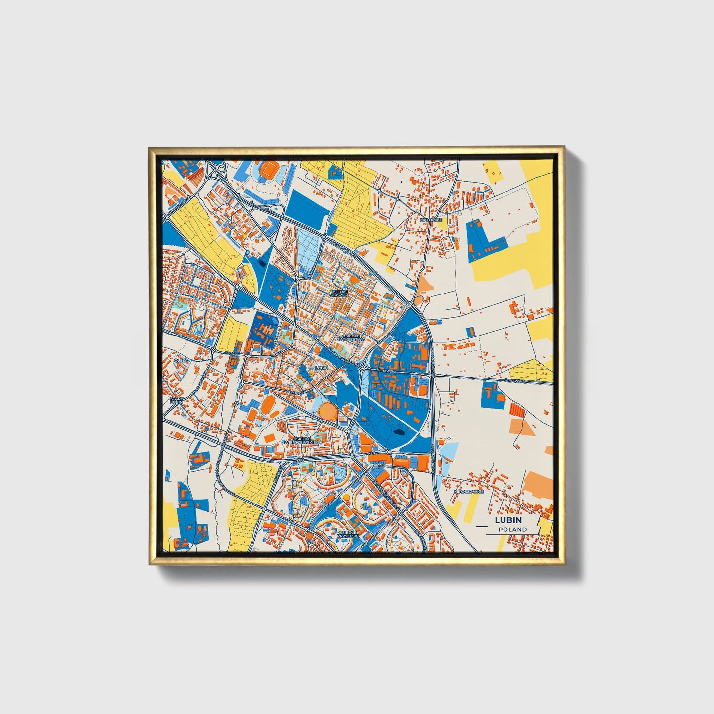 Lubin Poland Colorful City Map Canvas Print • Gold Framed