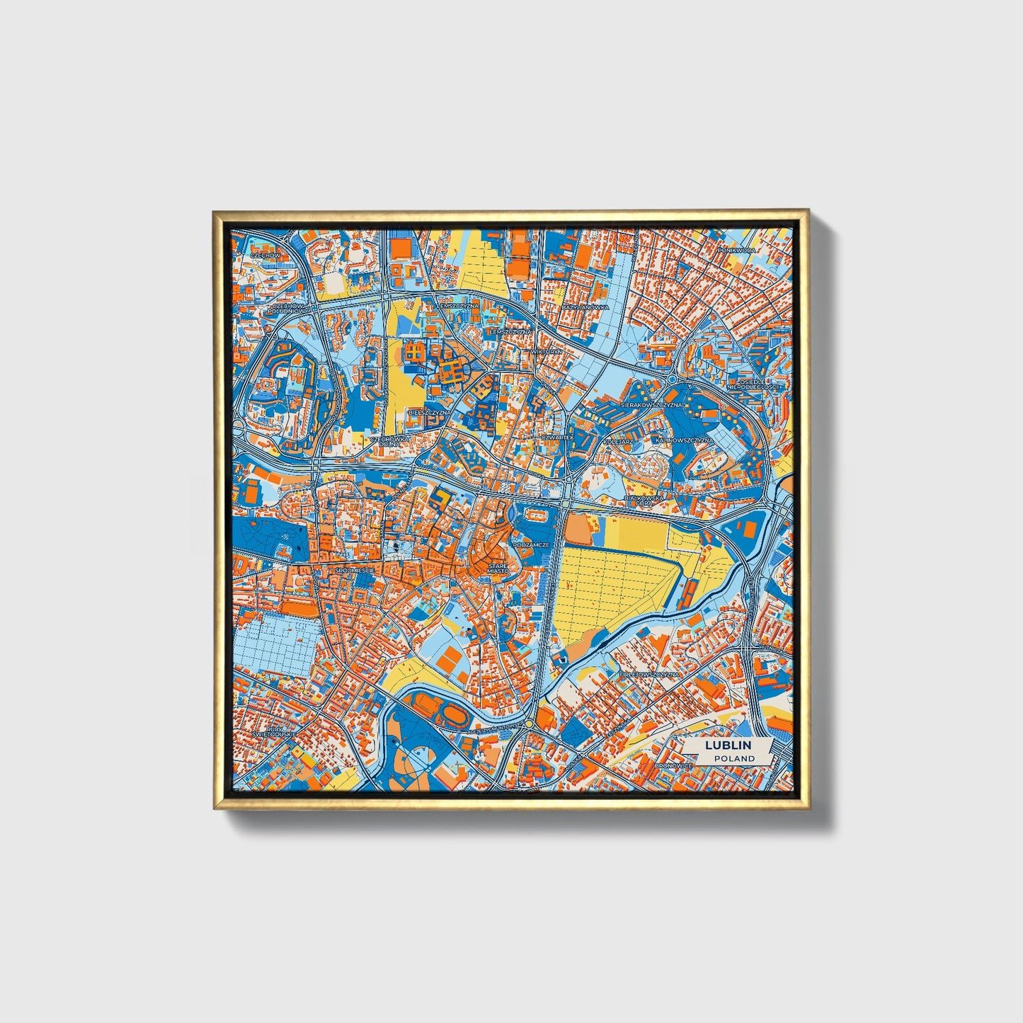 Lublin Poland Colorful City Map Canvas Print • Gold Framed