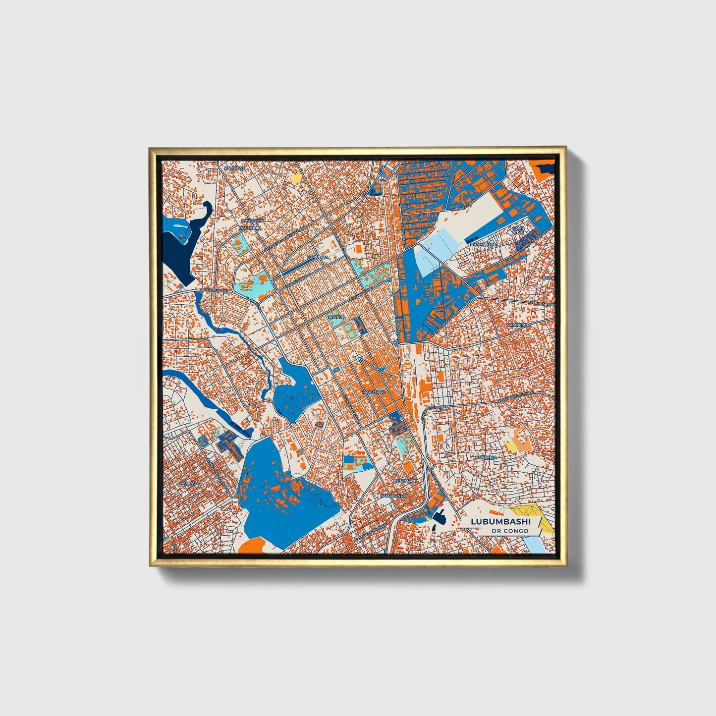 Lubumbashi Dr Congo Colorful City Map Canvas Print • Gold Framed