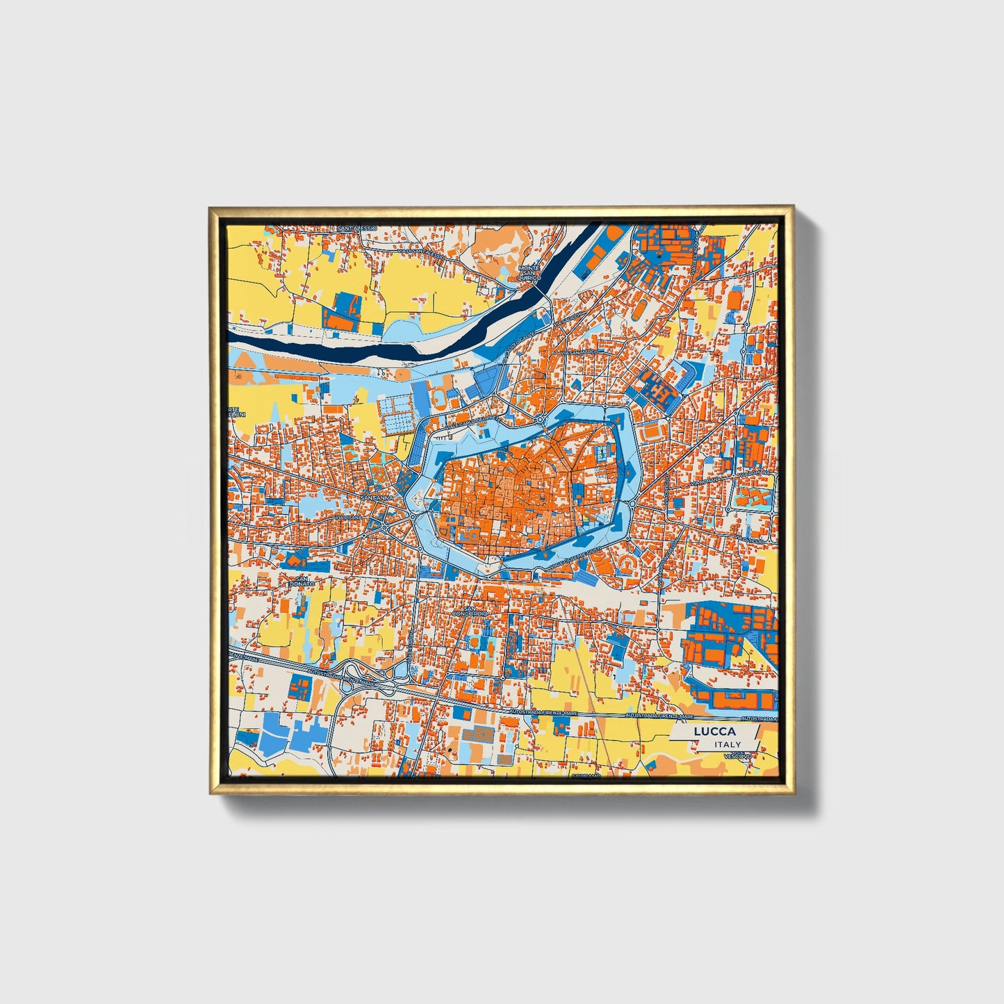 Lucca Italy Colorful City Map Canvas Print • Gold Framed