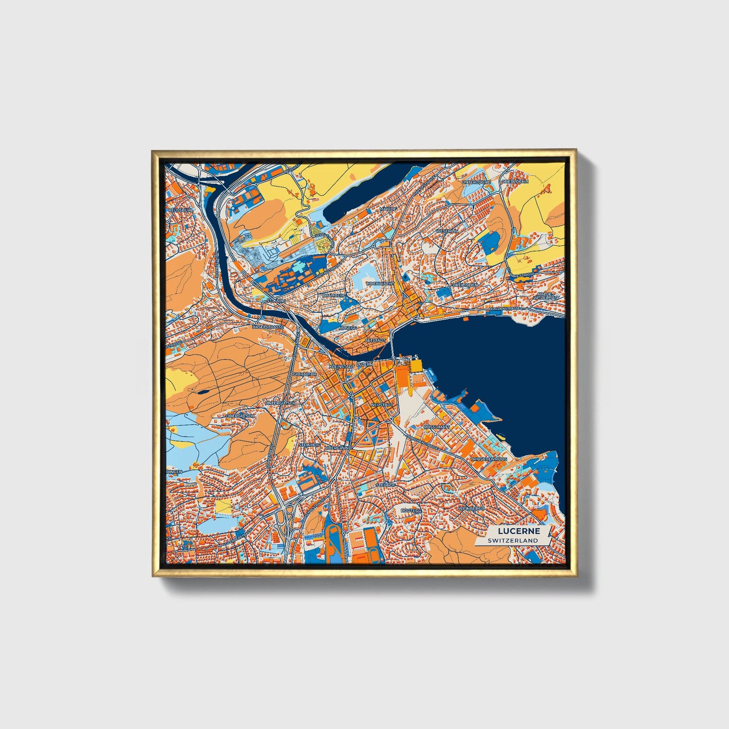 Lucerne Switzerland Colorful City Map Canvas Print • Gold Framed