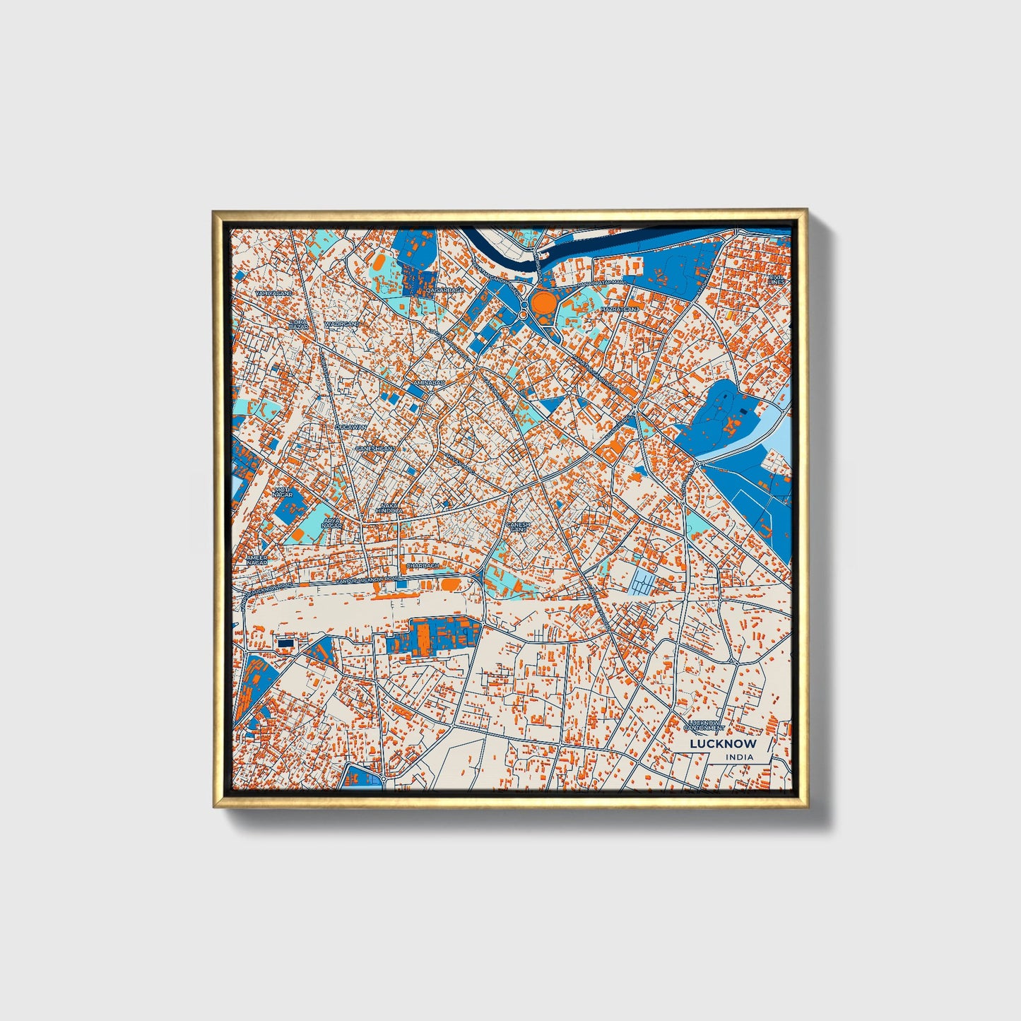 Lucknow India Colorful City Map Canvas Print • Gold Framed