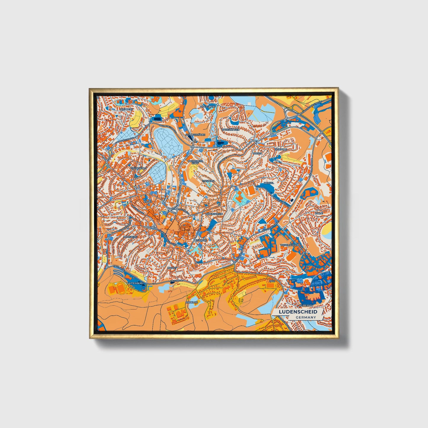 Lüdenscheid Germany Colorful City Map Canvas Print • Gold Framed
