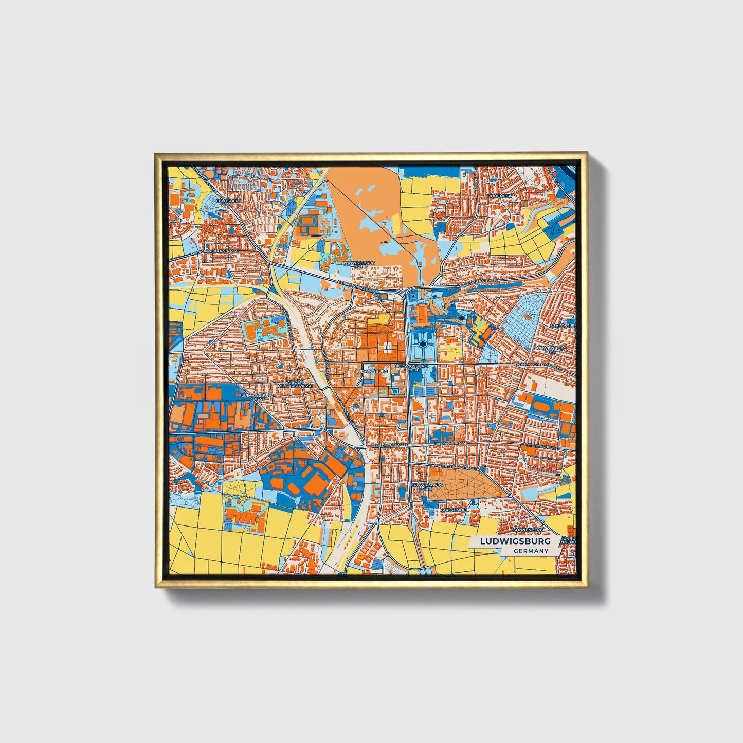 Ludwigsburg Germany Colorful City Map Canvas Print • Gold Framed